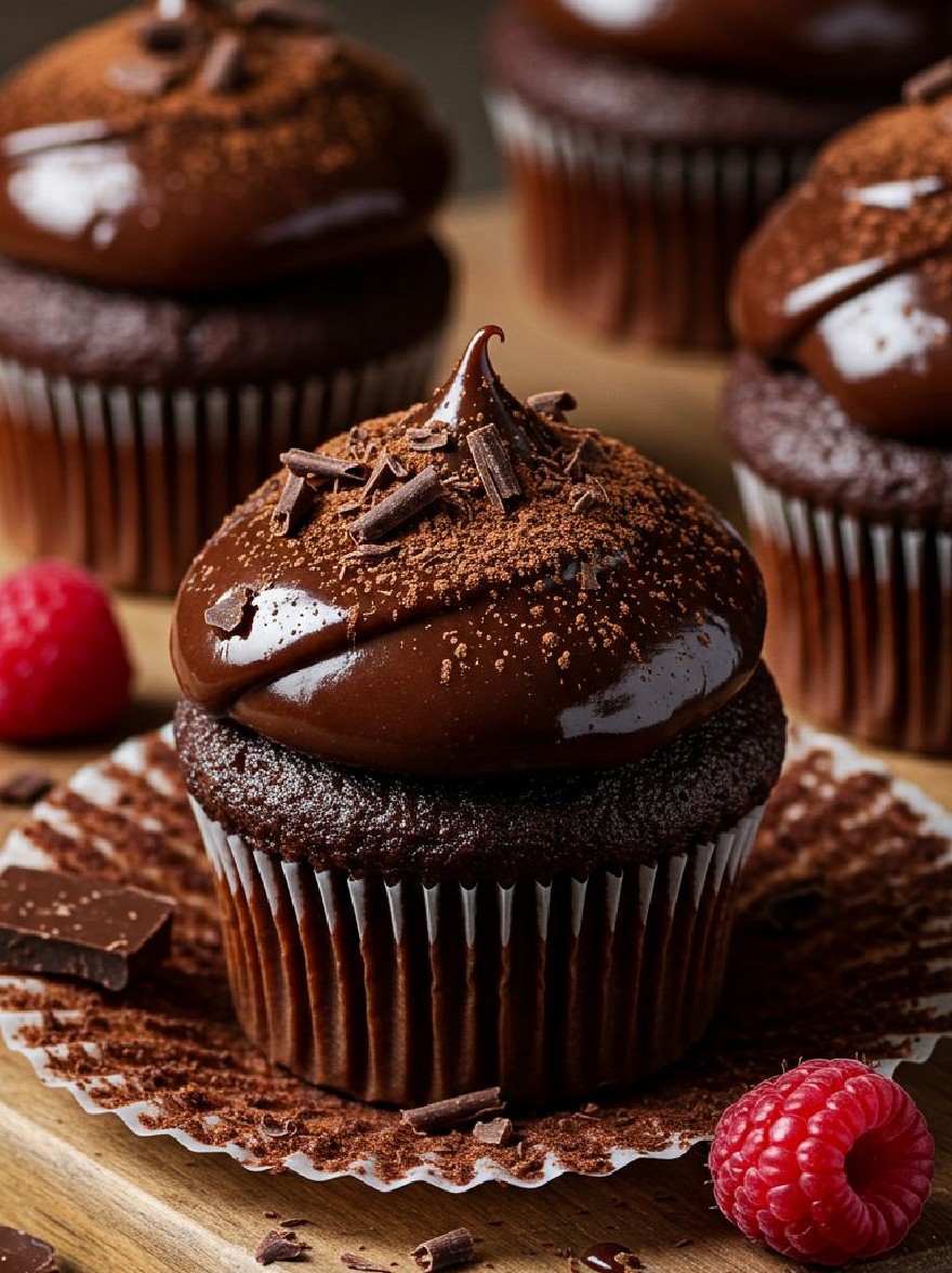Русский промпт: Фотография шоколадных кексов с шоколадной глазурью и шоколадной стружкой на деревянной доске, окруженная малиной и шоколадной чипсы. Кексы имеют богатый темный шоколадный цвет и увенчаны щедрым слоем шоколадной затененной глазури. Фон размыт, но, кажется, это деревянная поверхность с большим количеством шоколадных чипсов, разбросанных вокруг. Освещение мягкое и теплое, создавая уютную атмосферу. Основное внимание избирается на кексы, что делает их центром изображения. | Original prompt: Photo of chocolate cupcakes with chocolate frosting and chocolate shavings on a wooden board, surrounded by raspberries and chocolate chips. The cupcakes have a rich, dark chocolate color and are topped with a generous layer of chocolate shaded frosting. The background is blurred, but it appears to be a wooden surface with more chocolate chips scattered around. The lighting is soft and warm, creating a cozy atmosphere. The focus is selectively placed on the cupcakes, making them the focal point of the image.