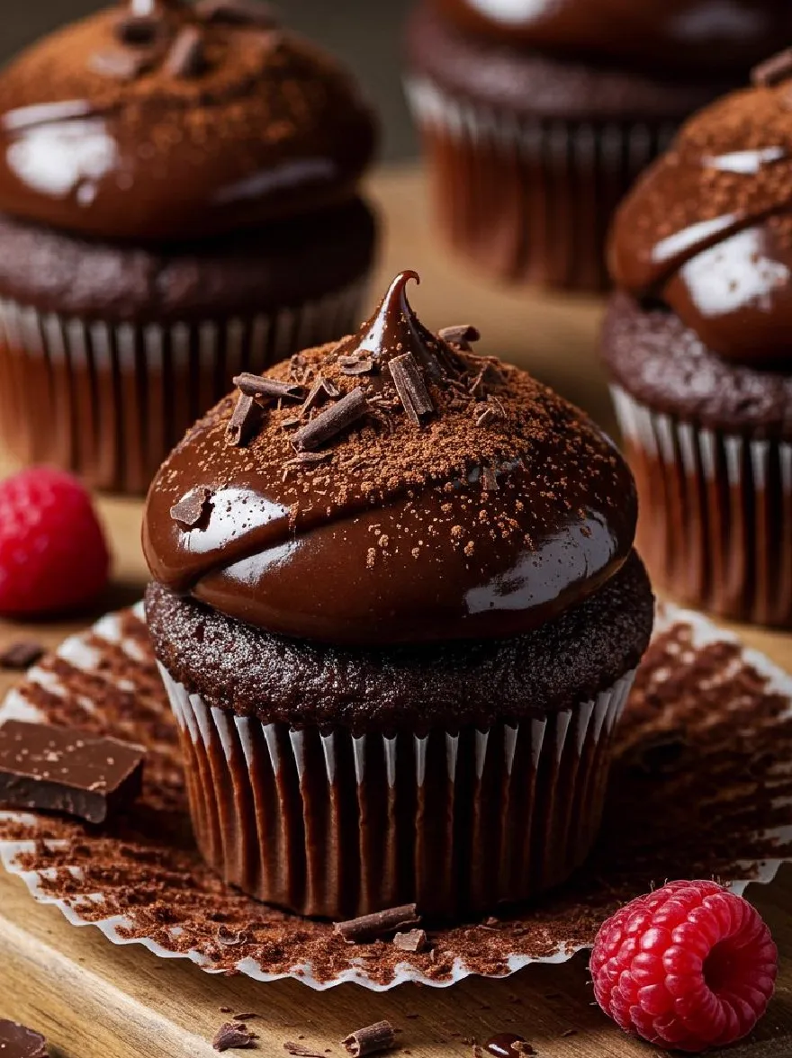Русский промпт: Фотография шоколадных кексов с шоколадной глазурью и шоколадной стружкой на деревянной доске, окруженная малиной и шоколадной чипсы. Кексы имеют богатый темный шоколадный цвет и увенчаны щедрым слоем шоколадной затененной глазури. Фон размыт, но, кажется, это деревянная поверхность с большим количеством шоколадных чипсов, разбросанных вокруг. Освещение мягкое и теплое, создавая уютную атмосферу. Основное внимание избирается на кексы, что делает их центром изображения. | Original prompt: Photo of chocolate cupcakes with chocolate frosting and chocolate shavings on a wooden board, surrounded by raspberries and chocolate chips. The cupcakes have a rich, dark chocolate color and are topped with a generous layer of chocolate shaded frosting. The background is blurred, but it appears to be a wooden surface with more chocolate chips scattered around. The lighting is soft and warm, creating a cozy atmosphere. The focus is selectively placed on the cupcakes, making them the focal point of the image.