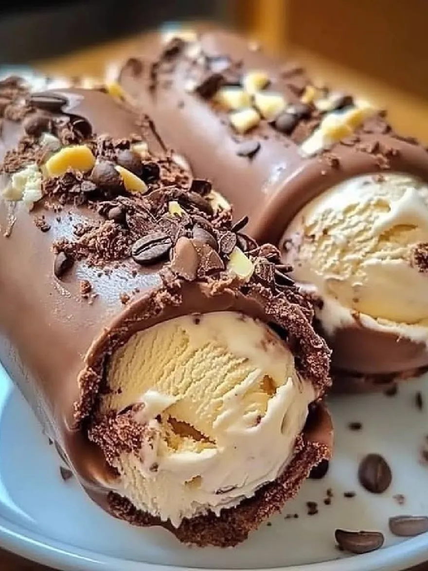 Русский промпт: Крупный план двух покрытых шоколадом рулонами канноли, наполненных ванильным мороженым, покрытым шоколадной стружкой и посыпанных шоколадными чипсами. Руллы размещены на белой тарелке, с кофейными зернами, разбросанными вокруг них. Фон размыт, но, похоже, это крытая обстановка с теплой, привлекательной атмосферой. Изображение имеет мягкое, мечтательное качество с акцентом на вкусные угощения. | Original prompt: A close-up of two chocolate-covered cannoli rolls filled with vanilla ice cream, topped with chocolate shavings and sprinkled with chocolate chips. The rolls are placed on a white plate, with coffee beans scattered around them. The background is blurred, but it appears to be an indoor setting with a warm, inviting atmosphere. The image has a soft, dreamy quality with a focus on the delicious treats.