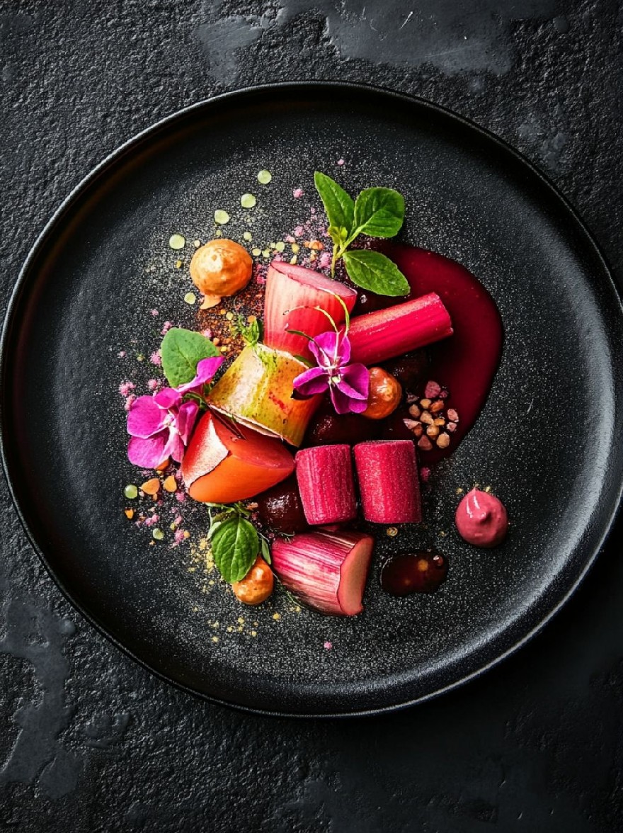 Русский промпт: Фотография черной тарелки с различными красочными десертами, расположенной эстетически приятным образом. На центре тарелки есть нарезанный ревень, фисташки и моросящий соус из свеклы. Окружающие тарелки находятся различные фрукты и овощи, в том числе груша, канталупа и апельсин. Тарелка помещается на темную текстурированную поверхность, с темным фоном. Освещение яркое и естественное, подчеркивая яркие цвета десертов. Общая эстетика элегантная и сложная. | Original prompt: A photograph of a black plate with a variety of colorful desserts arranged in an aesthetically pleasing manner. On the center of the plate, there are sliced rhubarb, pistachios, and a drizzle of beetroot sauce. Surrounding the plate are various fruits and vegetables, including a pear, a cantaloupe, and an orange. The plate is placed on a dark, textured surface, with a dark background. The lighting is bright and natural, highlighting the vibrant colors of the desserts. The overall aesthetic is elegant and sophisticated.