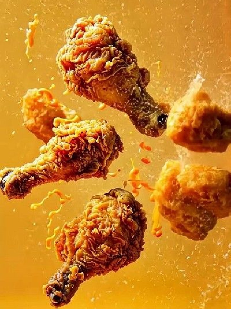 Русский промпт: На этом изображении в воздух падает несколько кусочков жареной курицы, создавая динамичную и динамичную сцену. Кусочки курицы золотисто -коричневые цвета, с хрустящей текстурой и хрустящей текстурой. Они подвешены в воздухе, с некоторыми частями, перекрывающими друг друга. Фон представляет собой твердый, теплый желтый цвет, который прекрасно контрастирует с золотым оттенком кусочков курицы. Изображение имеет высококачественный, реалистичный стиль с акцентом на текстуру и вкус жареной курицы. | Original prompt: In this image, there are several pieces of fried chicken falling into the air, creating a dynamic and dynamic scene. The chicken pieces are golden brown in color, with a crispy texture and a crunchy texture. They are suspended in mid-air, with some pieces overlapping each other. The background is a solid, warm yellow color, which contrasts nicely with the golden hue of the chicken pieces. The image has a high-quality, realistic style with a focus on the texture and flavor of the fried chicken.