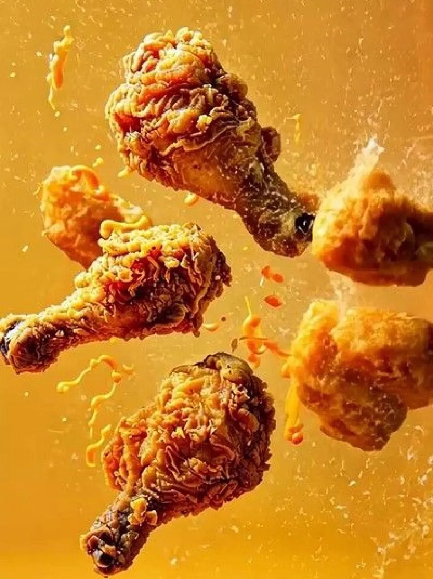 Русский промпт: На этом изображении в воздух падает несколько кусочков жареной курицы, создавая динамичную и динамичную сцену. Кусочки курицы золотисто -коричневые цвета, с хрустящей текстурой и хрустящей текстурой. Они подвешены в воздухе, с некоторыми частями, перекрывающими друг друга. Фон представляет собой твердый, теплый желтый цвет, который прекрасно контрастирует с золотым оттенком кусочков курицы. Изображение имеет высококачественный, реалистичный стиль с акцентом на текстуру и вкус жареной курицы. | Original prompt: In this image, there are several pieces of fried chicken falling into the air, creating a dynamic and dynamic scene. The chicken pieces are golden brown in color, with a crispy texture and a crunchy texture. They are suspended in mid-air, with some pieces overlapping each other. The background is a solid, warm yellow color, which contrasts nicely with the golden hue of the chicken pieces. The image has a high-quality, realistic style with a focus on the texture and flavor of the fried chicken.