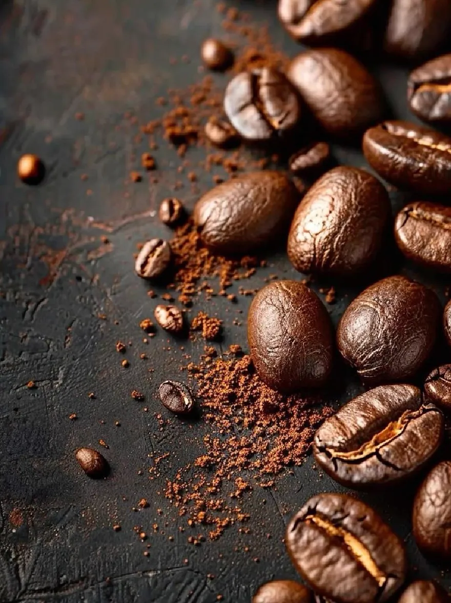 Русский промпт: Крупным планом жареных кофейных зерен на темной текстурированной поверхности, с кучей молотого кофейного порошка, разбросанной вокруг них. Бобы темно -коричневого цвета и имеют глянцевый блеск, что указывает на то, что они были жарены до совершенства. Текстура бобов грубая и неровная, причем некоторые области имеют немного более темный оттенок, чем другие. Фон размыт, что позволяет фокусировке оставаться на бобах и порошке. Освещение мягкое и естественное, подчеркивая детали текстуры и кофейных зерен. Общее настроение теплое и привлекательное, создавая уютную и привлекательную атмосферу. | Original prompt: A close-up of roasted coffee beans on a dark, textured surface, with a pile of ground coffee powder scattered around them. The beans are dark brown in color and have a glossy sheen, indicating that they have been roasted to perfection. The texture of the beans is rough and uneven, with some areas having a slightly darker hue than others. The background is blurred, allowing the focus to remain on the beans and powder. The lighting is soft and natural, highlighting the details of the texture and the coffee beans. The overall mood is warm and inviting, creating a cozy and inviting atmosphere.