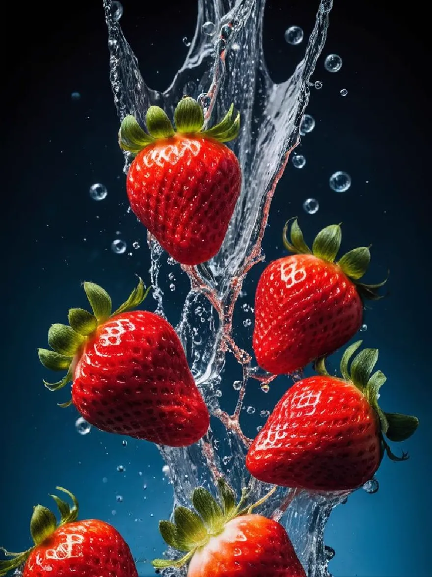 Русский промпт: Фотография пяти спелых клубники, падающих в бассейн с водой, с брызг вокруг них воды. Клубника расположена в треугольной формировании, с самой большой в центре и четырьмя небольшими с обеих сторон. Капли воды четко видны, создавая динамичную и очаровательную сцену. Фон представляет собой глубокий синий градиент, обеспечивающий резкий контраст с ярко -красным красным цветом. Фотография имеет высококачественную, натюрморту, с акцентом на клубнику и воду. Разрешение изображения высокое, что позволяет клубнике быть основным направлением композиции. | Original prompt: A photograph of five ripe strawberries falling into a pool of water, with water splashing around them. The strawberries are arranged in a triangular formation, with the largest one in the center and four smaller ones on either side. The water droplets are clearly visible, creating a dynamic and captivating scene. The background is a deep blue gradient, providing a stark contrast to the bright red of the strawberries. The photograph has a high-quality, still life feel with a focus on the strawberries and the water. The resolution of the image is high, allowing the strawberries to be the main focus of the composition.
