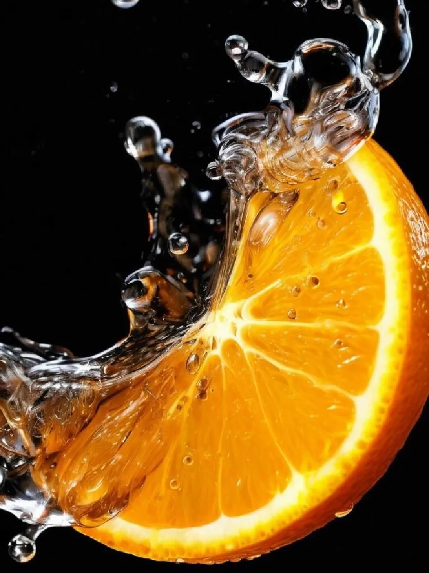 Русский промпт: Крупным планом оранжевого кусочка с брызг вокруг него вода, создавая динамичную и яркую сцену. Срезис находится в центре изображения, с черным фоном, обеспечивающим резкий контраст с ярким, ярким оранжевым цветом фруктов. Текстура срезы хорошо видна, с пузырями и капли воды, окружающими его, придавая ему реалистичное и динамичное ощущение. Изображение высококачественное, с акцентом на яркий оранжевый цвет и гладкую, отражающую поверхность сока. Освещение драматично, подчеркивая контраст между ярко -оранжевым и темным фоном, выделяя фрукты еще больше. | Original prompt: A close-up of an orange slice with water splashing around it, creating a dynamic and vibrant scene. The slice is in the center of the image, with the black background providing a stark contrast to the bright, vivid orange color of the fruit. The texture of the slice is clearly visible, with bubbles and droplets of water surrounding it, giving it a realistic and dynamic feel. The image is high quality, with a focus on the vibrant orange color and the smooth, reflective surface of the juice. The lighting is dramatic, highlighting the contrast between the bright orange and the dark background, making the fruit stand out even more.