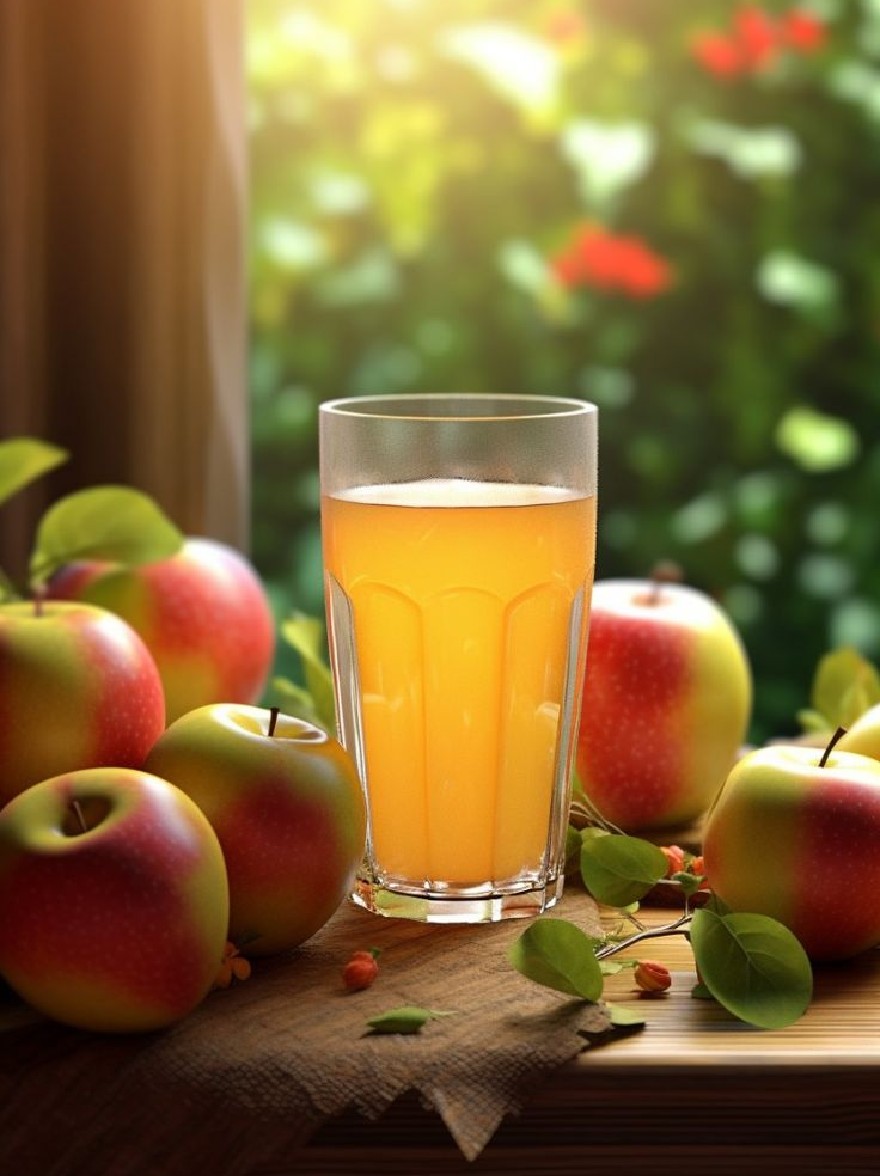 Русский промпт: Фото стакана из апельсинового сока на деревянном столе, окруженном красными и зелеными яблоками. Фон размыт, но, похоже, это открытая обстановка с зелени и солнечным светом, транслируемым через окно. Стол покрыт мешковой тканью. Стекло высокое и стройное, с широким основанием и узкой шеей. Яблоки расположены вокруг стекла, с некоторыми листьями все еще прикреплены. Общее настроение яркое и веселое. | Original prompt: Photo of a glass of orange juice on a wooden table, surrounded by red and green apples. The background is blurred, but it appears to be an outdoor setting with greenery and sunlight streaming through a window. The table is covered with a burlap cloth. The glass is tall and slender, with a wide base and a narrow neck. The apples are arranged around the glass, with some leaves still attached. The overall mood is bright and cheerful.