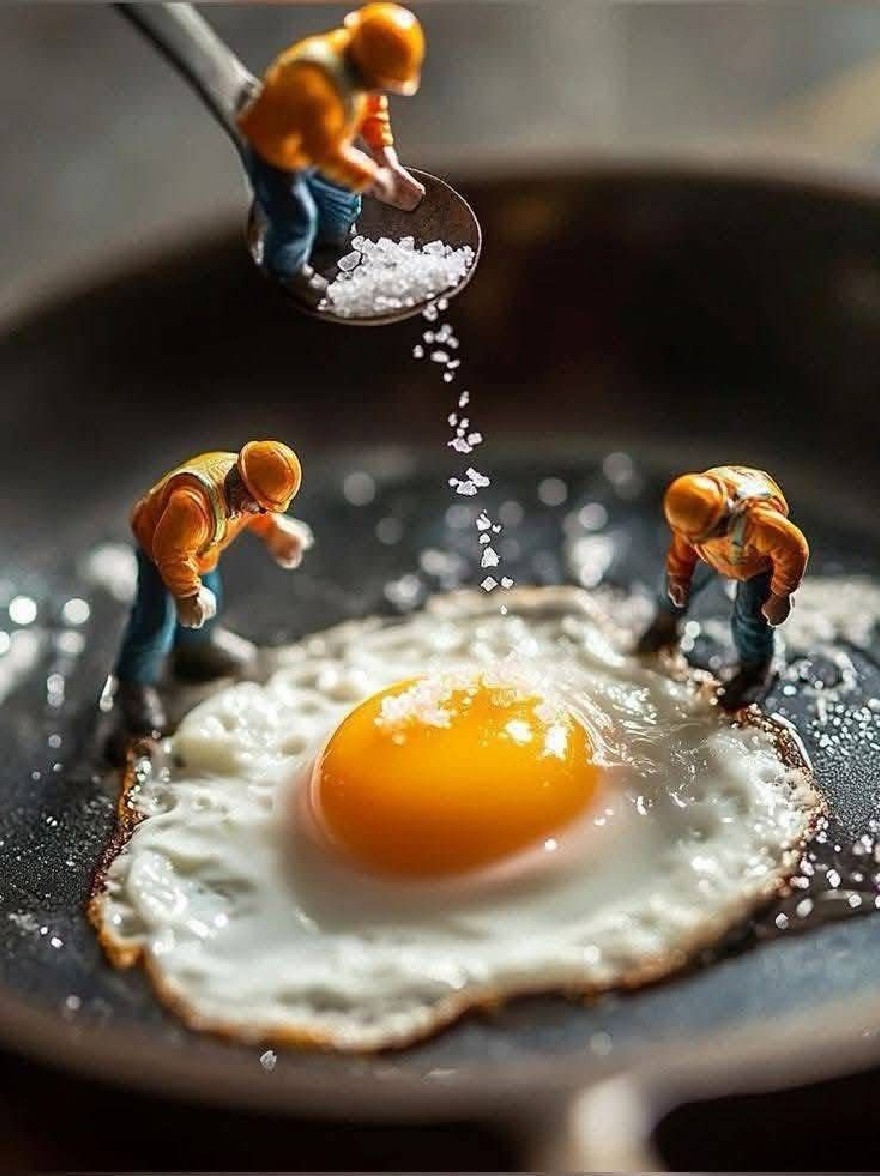 Русский промпт: Три миниатюрные фигурки строительных рабочих в оранжевых касках и жилетах безопасности, стоящие вокруг сковороды с жареным яйцом. Один работник держит ложку, полную соли, в то время как два других стоят поблизости. Сковорода черная и имеет слегка обугленное край. Фон размыт, но это кажется кухонной обстановкой с плитой. Изображение имеет стиль изобразительного искусства с акцентом на детали и реализма. | Original prompt: Three miniature figurines of construction workers wearing orange hard hats and safety vests, standing around a frying pan with a fried egg in it. One worker is holding a spoon full of salt, while the other two are standing nearby. The frying pan is black and has a slightly charred edge. The background is blurred, but it appears to be a kitchen setting with a stovetop. The image has a fine art style with a focus on detail and realism.