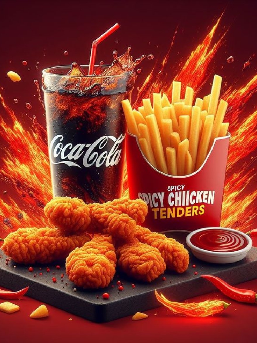 Русский промпт: Высоко детальная, реалистичная цифровая иллюстрация с бокалом Coca-Cola с красной соломой, наполненной колой и коробкой хрустящих куриных тендеров. На левой стороне изображения есть несколько золотисто-коричневых хрустящих куриных самородков, расположенных на черной режущей доске, сопровождаемой небольшой миской с кетчупом и тарелкой картофеля фри. Фон - яркий красный с огненным взрывом оранжевого и желтого пламени, создавая динамичную и захватывающую атмосферу. Изображение очень подробно и реалистично, с акцентом на вкусность продуктов питания. | Original prompt: A highly detailed, realistic digital illustration featuring a Coca-Cola glass with a red straw, filled with cola, and a box of crispy chicken tenders. On the left side of the image, there are several golden-brown, crispy chicken nuggets arranged on a black cutting board, accompanied by a small bowl of ketchup and a plate of french fries. The background is a vibrant red with a fiery explosion of orange and yellow flames, creating a dynamic and exciting atmosphere. The image is highly detailed and realistic, with a focus on the deliciousness of the food items.