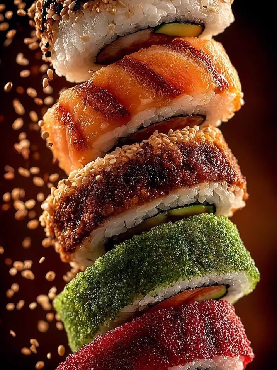 Русский промпт: Крупным планом снимка стопки суши с различными типами суши, расположенных в аккуратном ряду на темном фоне. Суши -рулоны сделаны из кунжутных семян, посыпанных сверху, давая им хрустящую текстуру. Цвета суши различаются, а некоторые - лосось, тунец, авокадо, огурец и водоросли. Рулоты расположены в упорядоченном виде, каждый из которых слегка перекрывает тот, который ниже. Освещение драматично, подчеркивая текстуры ингредиентов и создавая ощущение глубины и размерности. Фон размыт, что позволяет фокусировке оставаться на рулонах суши. Изображение высокое качество, с акцентом на различные суши -рулоны и их начинки. | Original prompt: A close-up shot of a stack of sushi rolls with different types of sushi, arranged in a neat row on a dark background. The sushi rolls are made with sesame seeds sprinkled on top, giving them a crunchy texture. The colors of the sushi vary, with some being salmon, tuna, avocado, cucumber, and seaweed. The rolls are arranged in an orderly fashion, with each roll slightly overlapping the one below it. The lighting is dramatic, highlighting the textures of the ingredients and creating a sense of depth and dimensionality. The background is blurred, allowing the focus to remain on the sushi rolls. The image is high quality, with a focus on the different sushi rolls and their toppings.