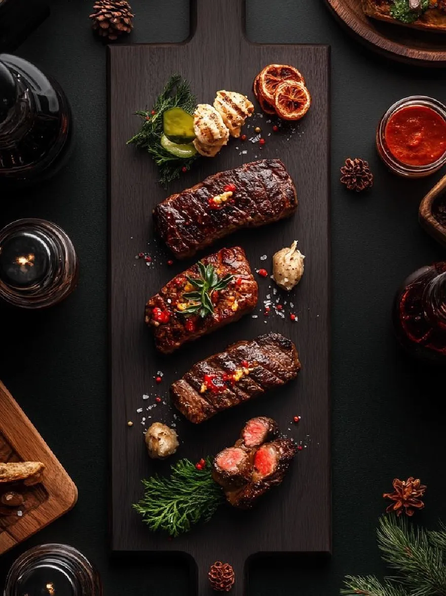 Русский промпт: Большая деревянная доска с несколькими кусками жареного стейка из говядины аккуратно расположена на нем, украшенная травами и специями. Стейк приготовлен до совершенства, с золотисто -коричневой корочкой и сочным центром. По обе стороны от стейка есть небольшие кусочки хлеба с различными начинками, включая нарезанные огурцы, лук и травы. Режущая доска помещается на темную текстурированную поверхность, окруженную сосновыми ветвями, сосновыми шишками и другими праздничными украшениями. Освещение мягкое и теплое, создавая уютную атмосферу. Общая эстетика элегантная и сложная, идеально подходит для рождественского ужина. | Original prompt: A large wooden cutting board with several pieces of grilled beef steak arranged neatly on it, garnished with herbs and spices. The steak is cooked to perfection, with a golden brown crust and juicy center. On either side of the steak, there are small pieces of bread with a variety of toppings, including sliced cucumbers, onions, and herbs. The cutting board is placed on a dark, textured surface, surrounded by pine branches, pine cones, and other festive decorations. The lighting is soft and warm, creating a cozy atmosphere. The overall aesthetic is elegant and sophisticated, perfect for a Christmas dinner.