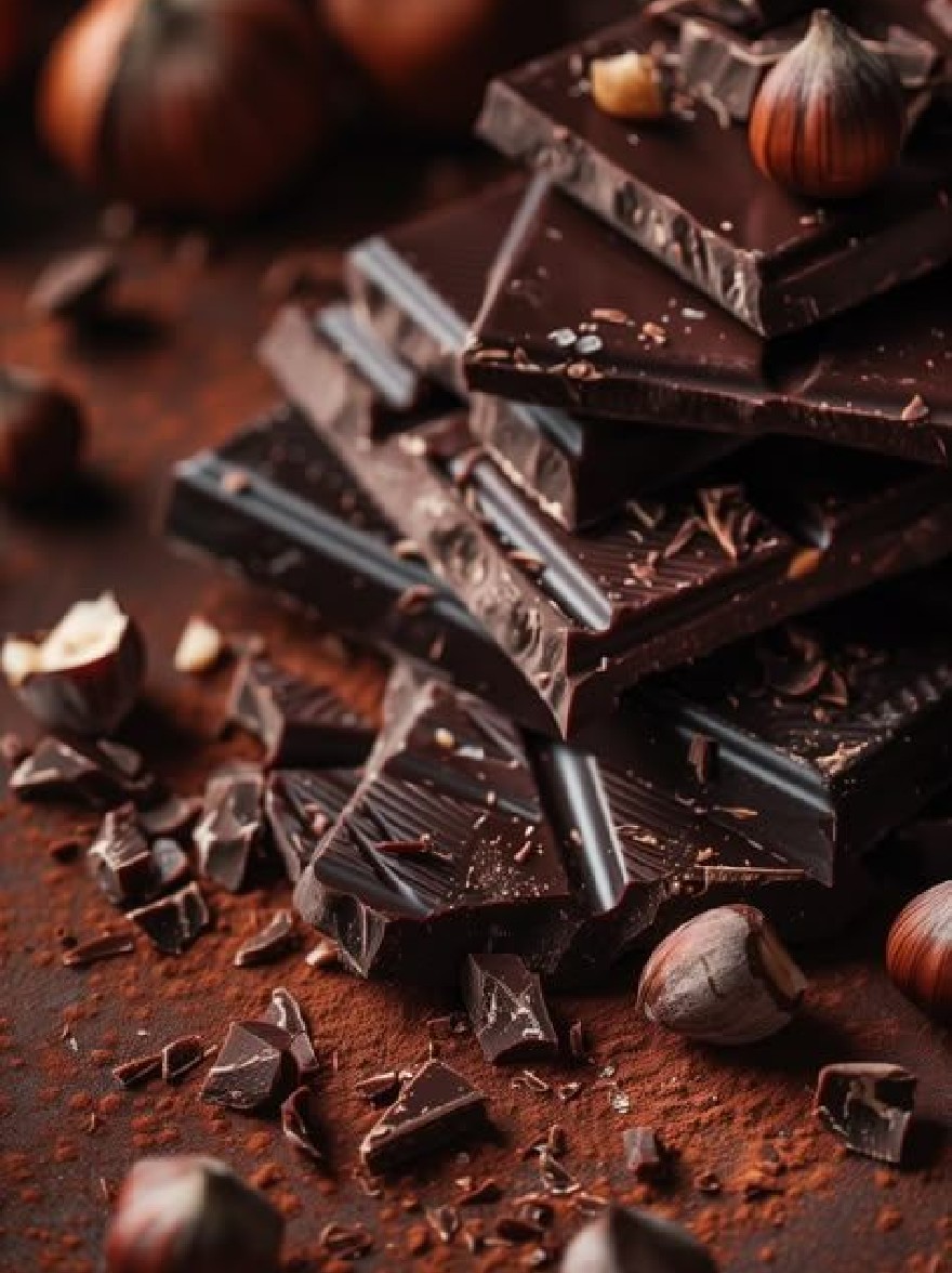 Русский промпт: Крупным планом фотографии стопки батончиков темного шоколада с фундуками, разбросанной вокруг них на деревенской деревянной поверхности. Шоколадные батончики расположены в аккуратном стеке, с некоторыми кусочками, перекрывающими друг друга. Фон размыт, но, похоже, это темная, текстурированная поверхность с рассеянными раковинами с фундуком и шоколадной стружкой. Освещение мягкое и теплое, создавая уютную атмосферу. Основное внимание избирается на шоколадные стержни и орехи, что делает их центром изображения. Изображение имеет теплое, привлекательное чувство с акцентом на темный шоколад и орехи. | Original prompt: A close-up photograph of a stack of dark chocolate bars with hazelnuts scattered around them on a rustic wooden surface. The chocolate bars are arranged in a neat stack, with some pieces overlapping each other. The background is blurred, but it appears to be a dark, textured surface with scattered hazelnut shells and chocolate shavings. The lighting is soft and warm, creating a cozy atmosphere. The focus is selectively placed on the chocolate bars and nuts, making them the focal point of the image. The image has a warm, inviting feel with a focus on the dark chocolate and nuts.