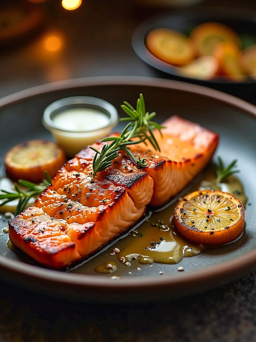 Русский промпт: Фотография куска жареного лососевого филе на темной тарелке, украшенной веточкой розмарина и нарезанными апельсинами. Лосось приготовлен до совершенства, с золотисто-коричневой корочкой и сочным, сочным центром. Тарелка установлена на деревенском темном фоне, с мягким, теплым освещением, которое выделяет лосось и апельсины. Небольшая миска сливочного соуса расположена рядом с лососем, добавляя тонкий контраст к презентации. Общая эстетика элегантная и сложная. | Original prompt: A photograph of a piece of grilled salmon fillet on a dark plate, garnished with a sprig of rosemary and sliced oranges. The salmon is cooked to perfection, with a golden-brown crust and a juicy, succulent center. The plate is set against a rustic, dark background, with soft, warm lighting that highlights the salmon and oranges. A small bowl of creamy sauce is placed beside the salmon, adding a subtle contrast to the presentation. The overall aesthetic is elegant and sophisticated.
