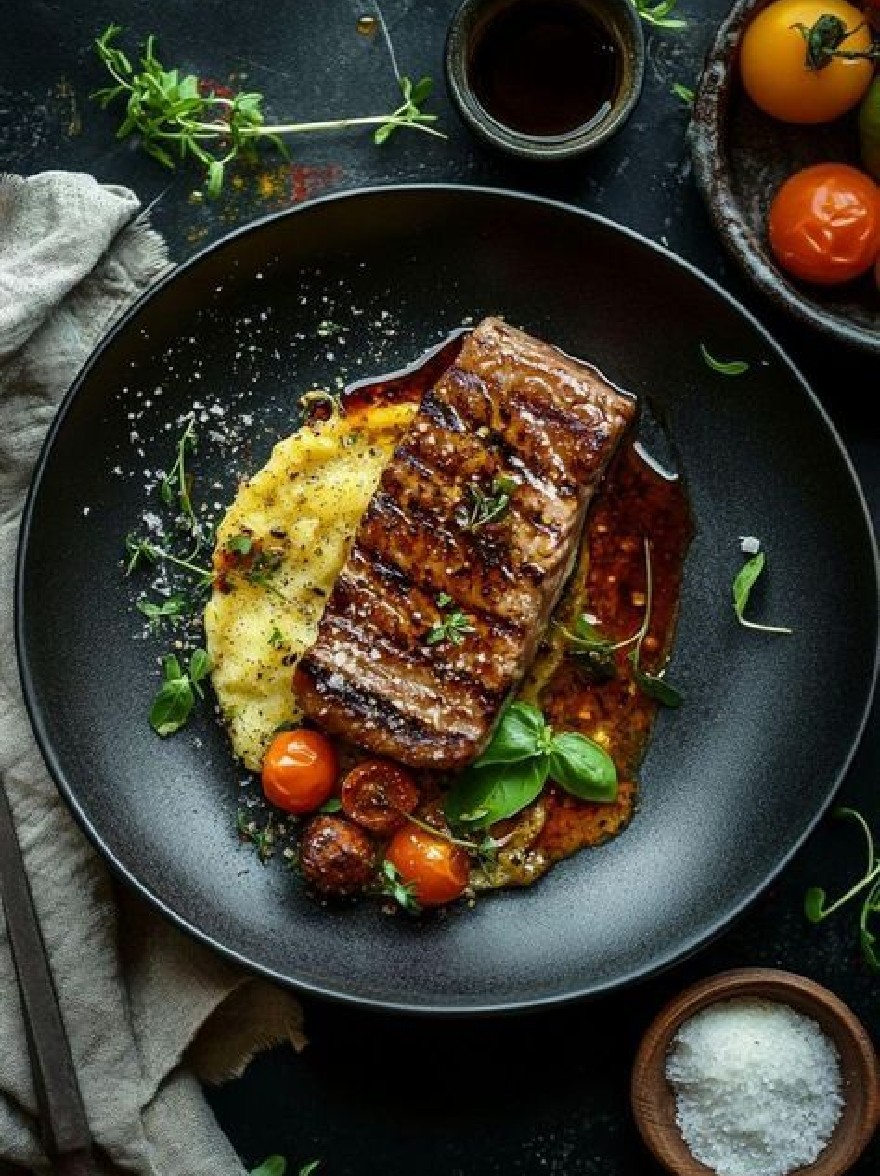 Русский промпт: Фотография тарелки с жареным стейком с томатным соусом и картофельным пюре, украшенная свежими листьями базилика. Стейк приготовлен до совершенства, с золотисто -коричневой корочкой и сочным центром. Картофельное пюре сливочное и слегка приправлено травами и специями. На тарелке есть помидоры вишни, небольшая миска с томатным соусом и небольшая деревянная миска соли. Тарелка установлена на темном текстурированном фоне с деревенским ощущением. Нож и вилка расположены на левой стороне тарелки. Освещение мягкое и натуральное, подчеркивая текстуры пищи. | Original prompt: A photograph of a plate of grilled steak with tomato sauce and mashed potatoes, garnished with fresh basil leaves. The steak is cooked to perfection, with a golden brown crust and juicy center. The mashed potatoes are creamy and lightly seasoned with herbs and spices. On the plate, there are cherry tomatoes, a small bowl of tomato sauce, and a small wooden bowl of salt. The plate is set against a dark, textured background with a rustic feel. A knife and fork are placed on the left side of the plate. The lighting is soft and natural, highlighting the textures of the food.