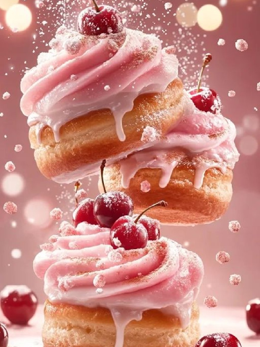 Русский промпт: Фотография двух пончиков с розовой глазурью и вишней сверху, расположенная на нежно -розовом фоне с огнями боке. Пончики сложены друг на друга, а верхний пончик немного выше, чем нижний. Глазурь - светло -розовый цвет и сбрызнут на пончики. Вишня ярко -красная и сгруппирована сверху. Фон размыт, придавая изображению мечтательное, эфирное чувство. Изображение имеет высококачественный, реалистичный стиль с акцентом на десерты. | Original prompt: A photograph of two donuts with pink frosting and cherries on top, set against a soft pink background with bokeh lights. The donuts are stacked on top of each other, with the top donut slightly higher than the bottom one. The frosting is a light pink color and is drizzled over the donuts. The cherries are bright red and clustered together on top. The background is blurred, giving the image a dreamy, ethereal feel. The image has a high-quality, realistic style with a focus on the desserts.