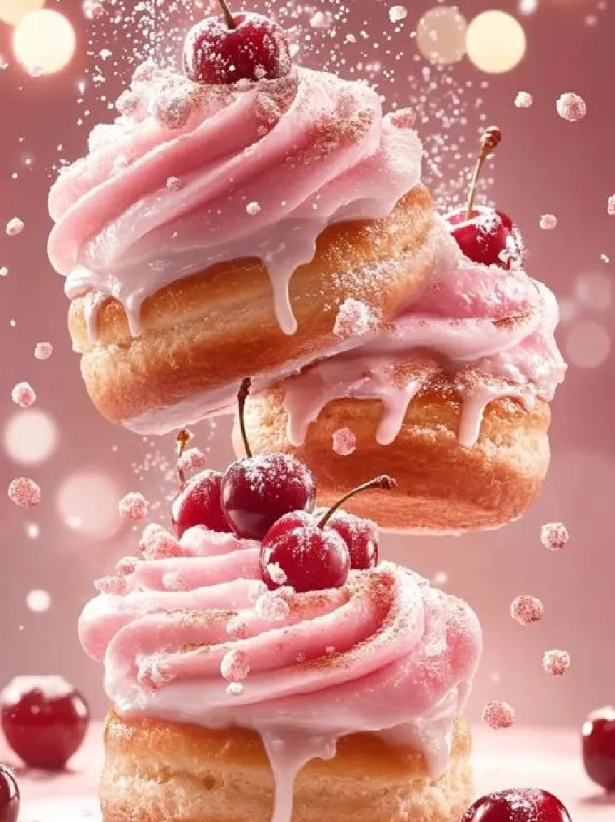 Русский промпт: Фотография двух пончиков с розовой глазурью и вишней сверху, расположенная на нежно -розовом фоне с огнями боке. Пончики сложены друг на друга, а верхний пончик немного выше, чем нижний. Глазурь - светло -розовый цвет и сбрызнут на пончики. Вишня ярко -красная и сгруппирована сверху. Фон размыт, придавая изображению мечтательное, эфирное чувство. Изображение имеет высококачественный, реалистичный стиль с акцентом на десерты. | Original prompt: A photograph of two donuts with pink frosting and cherries on top, set against a soft pink background with bokeh lights. The donuts are stacked on top of each other, with the top donut slightly higher than the bottom one. The frosting is a light pink color and is drizzled over the donuts. The cherries are bright red and clustered together on top. The background is blurred, giving the image a dreamy, ethereal feel. The image has a high-quality, realistic style with a focus on the desserts.