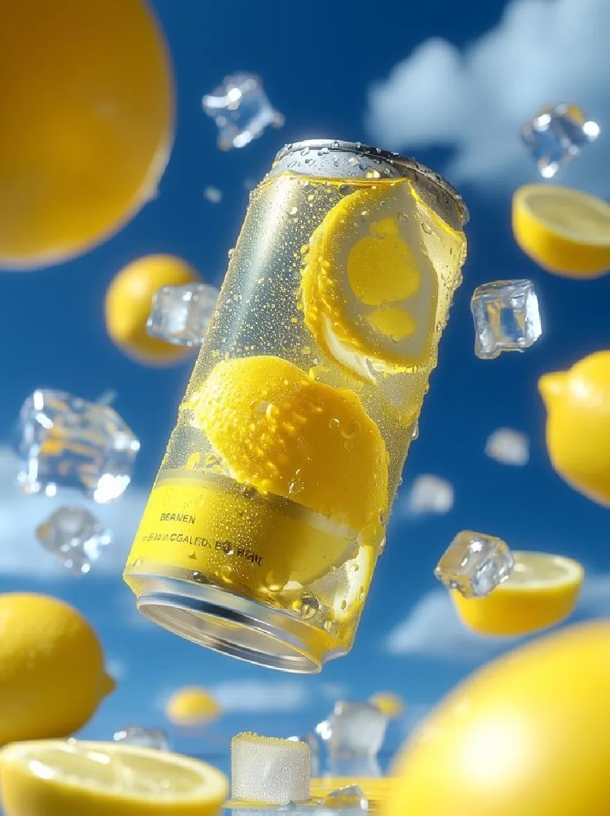 Русский промпт: Фотография стакана лимонада с плаванием кубиков льда, в окружении лимонов. Стекло прозрачное и имеет лимонный ломтик сверху. Фон - ярко -голубое небо с пушистыми белыми облаками. Лимоны разбросаны по стеклу, некоторые перекрывают друг друга. Изображение снимается под низким углом, глядя на стекло. | Original prompt: Photo of a glass of lemonade with ice cubes floating in it, surrounded by lemons. The glass is transparent and has a lemon slice on top. The background is a bright blue sky with fluffy white clouds. The lemons are scattered around the glass, some overlapping each other. The image is taken from a low angle, looking up at the glass.