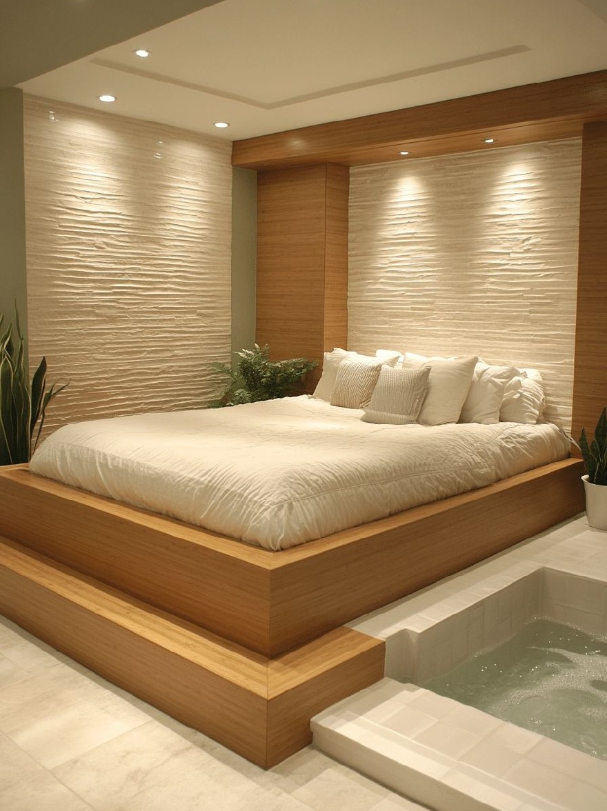 Русский промпт: Современная минималистская спальня с большой деревянной платформой в центре. Кровать изготовлена из светлого дерева и имеет белое постельное белье и подушки. По обе стороны от кровати находятся два растения в горшках, добавляя прикосновение зелени в пространство. Стены изготовлены из бежевых, текстурированных деревянных панелей, создающих тонкую, успокаивающую атмосферу. Потолок утоплен утопленным освещением, обеспечивая яркую и воздушную атмосферу. Пол с плиткой в нейтральном цвете, что позволяет естественному свету заполнить комнату. Общий дизайн чистый и современный, с минималистской эстетикой. | Original prompt: A modern, minimalist bedroom with a large, wooden platform bed in the center. The bed is made of light-colored wood and has white linens and pillows. On either side of the bed are two potted plants, adding a touch of greenery to the space. The walls are made of beige, textured wood panels, creating a subtle, calming ambiance. The ceiling is recessed with recessed lighting, providing a bright and airy atmosphere. The floor is tiled in a neutral color, allowing natural light to fill the room. The overall design is clean and contemporary, with a minimalist aesthetic.