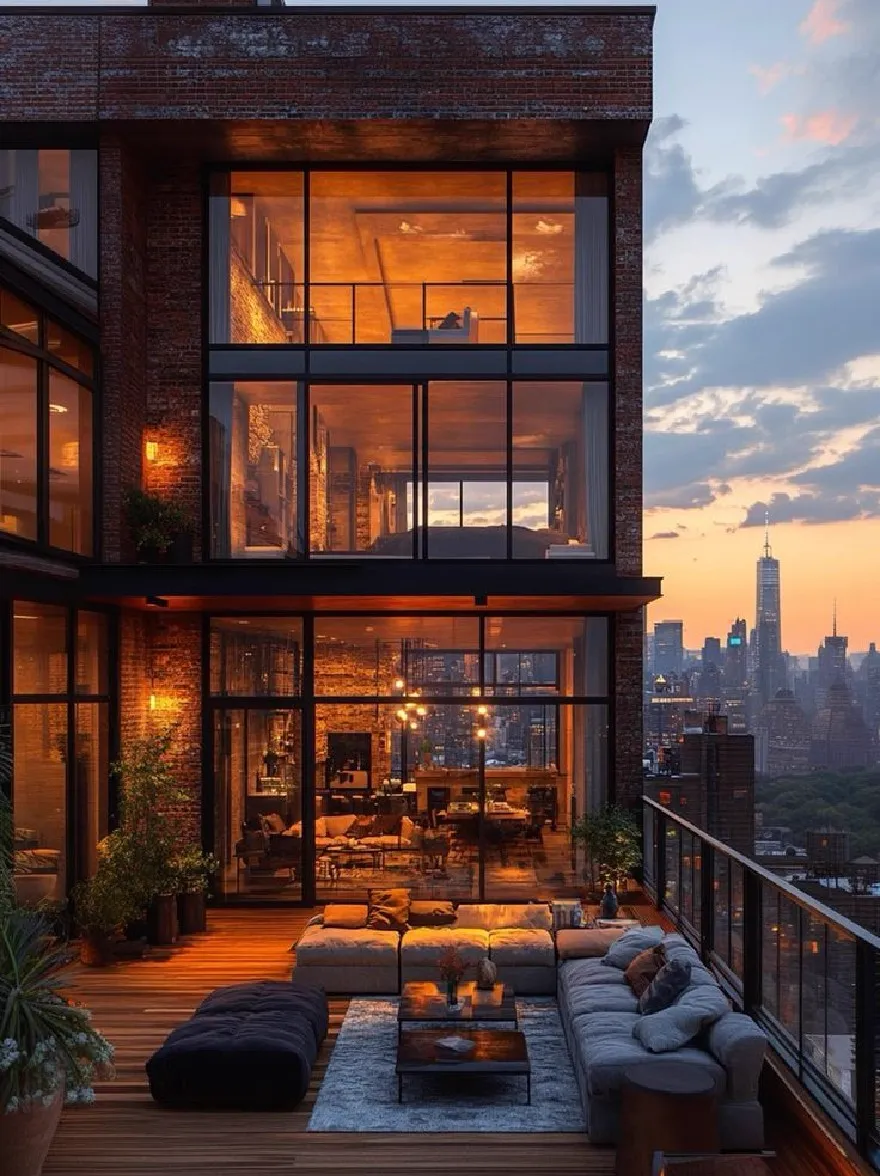 Русский промпт: Потрясающая терраса на крыше с современным жилым зданием с большими стеклянными окнами и кирпичным фасадом с видом на городской горизонт на закате. Терраса снабжена большим секционным диваном, журнальным столиком и горшками, создавающими уютную и привлекательную атмосферу. Небо заполнено красивыми облаками, а городской горизонт виден через большие окна, с теплым сиянием заходящего солнца, отбрасывающего золотой оттенок на сцене. Деревянная палуба обеспечивает идеальное место, чтобы расслабиться и восхищаться видом. | Original prompt: A stunning rooftop terrace with a modern apartment building featuring large glass windows and a brick facade, overlooking a city skyline at sunset. The terrace is furnished with a large sectional sofa, a coffee table, and potted plants, creating a cozy and inviting atmosphere. The sky is filled with beautiful clouds, and the city skyline is visible through the large windows, with the warm glow of the setting sun casting a golden hue over the scene. The wooden deck provides a perfect spot to relax and admire the view.