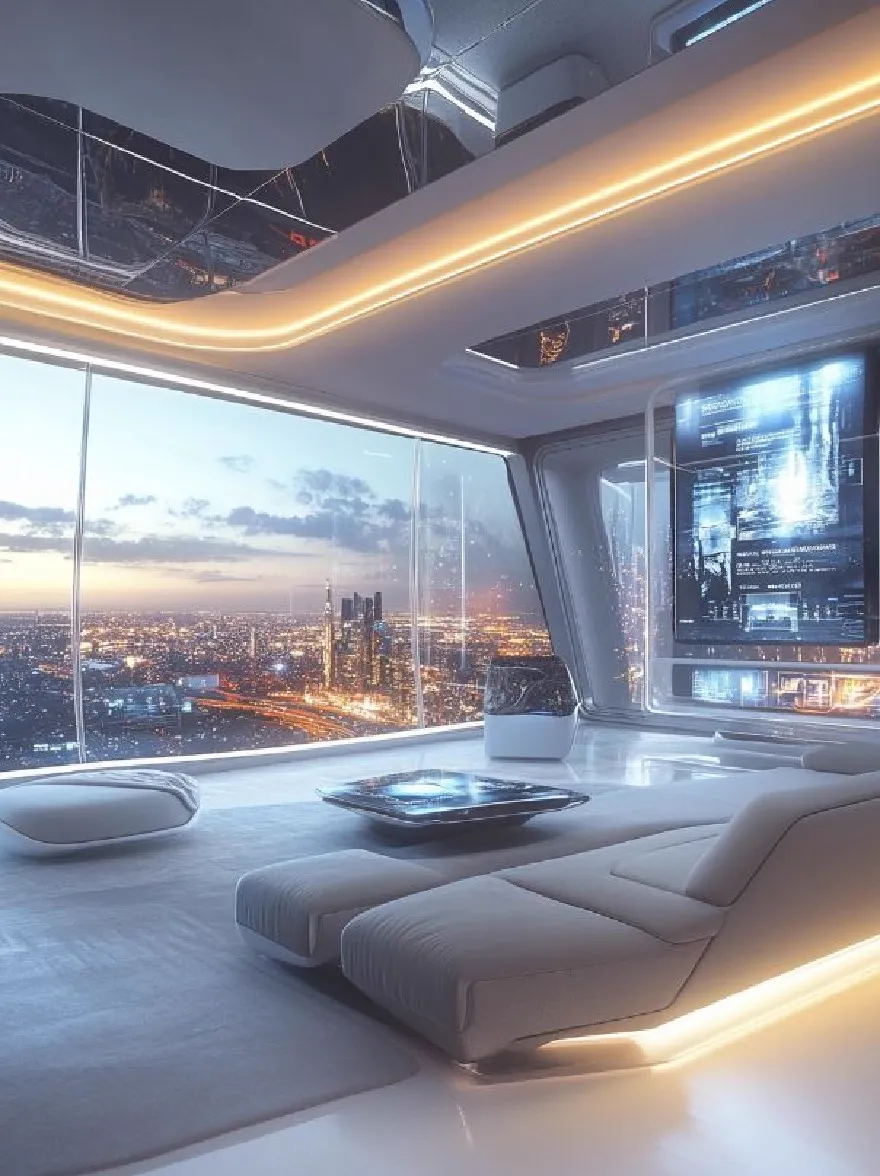 Русский промпт: Футуристическая гостиная с большим окном с видом на город ночью. Комната оснащена современным минималистским дизайном с гладким, обтекаемым диваном и стеклянным журнальным столиком в центре. Стены изготовлены из стекла, что дает потрясающий вид на городской пейзаж. Потолок украшен гладкими, современными дизайнами, а комната освещается мягким, теплым освещением. На правой стороне комнаты на стене установлен большой телевизор с плоским экраном с футуристическим городским пейзажем. Общая эстетика гладкая и современная, с акцентом на технологии и инновации. | Original prompt: A futuristic living room with a large window overlooking a city at night. The room is furnished with a modern, minimalist design, featuring a sleek, streamlined sofa and a glass coffee table in the center. The walls are made of glass, allowing a stunning view of the cityscape beyond. The ceiling is adorned with sleek, modern designs, and the room is illuminated by soft, warm lighting. On the right side of the room, there is a large, flat screen TV mounted on the wall, displaying a futuristic cityscape. The overall aesthetic is sleek and contemporary, with a focus on technology and innovation.