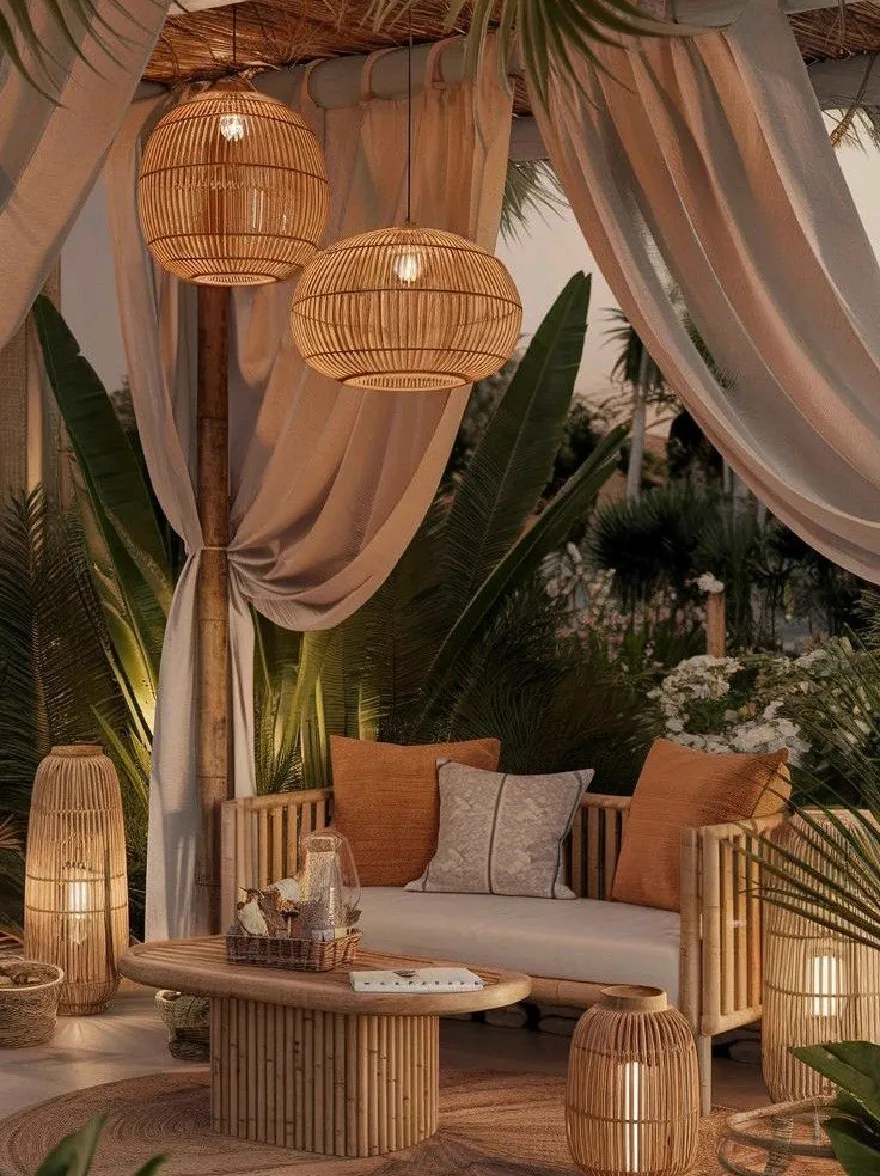 Русский промпт: Тропический сад с тканым навесом ротанга и пышной зеленью, создавая уютную и привлекательную атмосферу. Навес изготовлен из соломы и висит на потолке, обеспечивая тень от солнца. Внутри навес есть удобный диван ротанга с подушками, круглый деревянный журнальный столик с подносом и книгой, а также несколько тканых корзин с обеих сторон. Комната украшена натуральными элементами, в том числе высокими пальмами и тропическими растениями, создавая экзотическое и тропическое ощущение. Освещение мягкое и теплое, набрав мягкое свечение на натуральных материалах. Общая атмосфера - это мирная и привлекательная, идеально подходящая для расслабляющих и развлекательных гостей. | Original prompt: A tropical garden setting with a woven rattan canopy and lush greenery, creating a cozy and inviting atmosphere. The canopy is made of straw and hangs from the ceiling, providing shade from the sun. Inside the canopy, there is a comfortable rattan sofa with cushions, a round wooden coffee table with a tray and a book, and several woven baskets on either side. The room is decorated with natural elements, including tall palm trees and tropical plants, creating an exotic and tropical feel. The lighting is soft and warm, casting a gentle glow on the natural materials. The overall ambiance is peaceful and inviting, perfect for relaxing and entertaining guests.