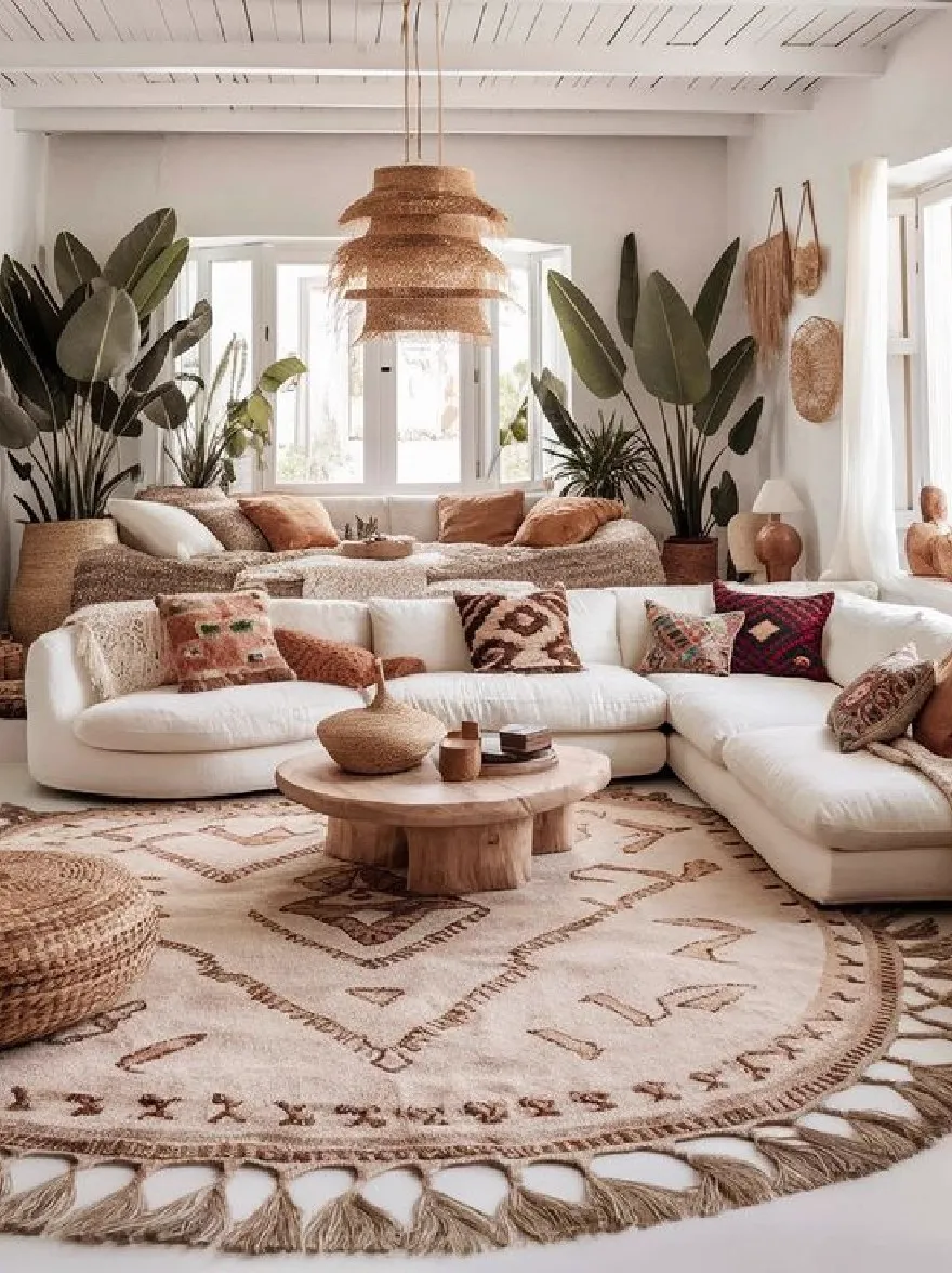 Русский промпт: Яркая и воздушная гостиная с богемным стилем с большим секционным диваном с подушками и подушками, круглым деревянным кофейным столиком в центре, тканые корзины с обеих сторон, бежевый коврик с замысловатыми узорами, большие окна с натуральным световым потоком и несколько горшечных растений по всей комнате, создавая уютную и приглашающую атмосферу. Стены окрашены в белый цвет, а потолок сделан из деревянных балок, придающих комнате теплый и привлекательный вид. Комната украшена натуральными элементами, такими как тканые корзины и растения, добавляя прикосновение природы в пространство. | Original prompt: A bright and airy living room with a bohemian style, featuring a large sectional sofa with pillows and cushions, a round wooden coffee table in the center, woven baskets on either side, a beige area rug with intricate patterns, large windows with natural light streaming in, and several potted plants throughout the room, creating a cozy and inviting atmosphere. The walls are painted white, and the ceiling is made of wood beams, giving the room a warm and inviting feel. The room is decorated with natural elements, such as woven baskets and plants, adding a touch of nature to the space.