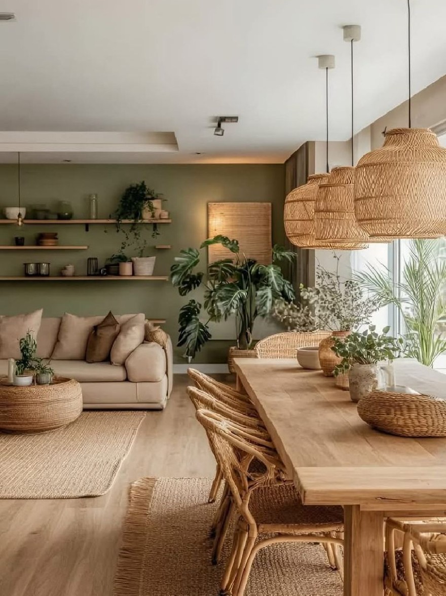 Русский промпт: Современная минималистская гостиная с деревянным обеденным столом и стульями из ротанга, окруженная пышной зеленью. Стены окрашены в успокаивающий зеленый цвет, а полки заполнены различными растениями и декоративными предметами. Комната яркая и воздушная, с естественным светом, входящим из большого окна с правой стороны. Стол изготовлен из светлого дерева, а сверху есть несколько тканых корзин. Стулья изготовлены из тканого ротанга, добавляя деревенский штрих в пространство. Общая эстетика минималистичная и привлекательная, с акцентом на естественную красоту и комфорт. | Original prompt: A modern, minimalist living room with a wooden dining table and rattan chairs, surrounded by lush greenery. The walls are painted in a calming green color, and the shelves are filled with various plants and decorative items. The room is bright and airy, with natural light streaming in from a large window on the right side. The table is made of light-colored wood, and there are several woven baskets on top. The chairs are made of woven rattan, adding a rustic touch to the space. The overall aesthetic is minimalistic and inviting, with a focus on natural beauty and comfort.