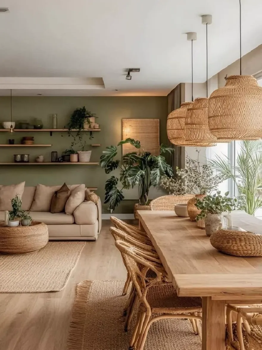 Русский промпт: Современная минималистская гостиная с деревянным обеденным столом и стульями из ротанга, окруженная пышной зеленью. Стены окрашены в успокаивающий зеленый цвет, а полки заполнены различными растениями и декоративными предметами. Комната яркая и воздушная, с естественным светом, входящим из большого окна с правой стороны. Стол изготовлен из светлого дерева, а сверху есть несколько тканых корзин. Стулья изготовлены из тканого ротанга, добавляя деревенский штрих в пространство. Общая эстетика минималистичная и привлекательная, с акцентом на естественную красоту и комфорт. | Original prompt: A modern, minimalist living room with a wooden dining table and rattan chairs, surrounded by lush greenery. The walls are painted in a calming green color, and the shelves are filled with various plants and decorative items. The room is bright and airy, with natural light streaming in from a large window on the right side. The table is made of light-colored wood, and there are several woven baskets on top. The chairs are made of woven rattan, adding a rustic touch to the space. The overall aesthetic is minimalistic and inviting, with a focus on natural beauty and comfort.