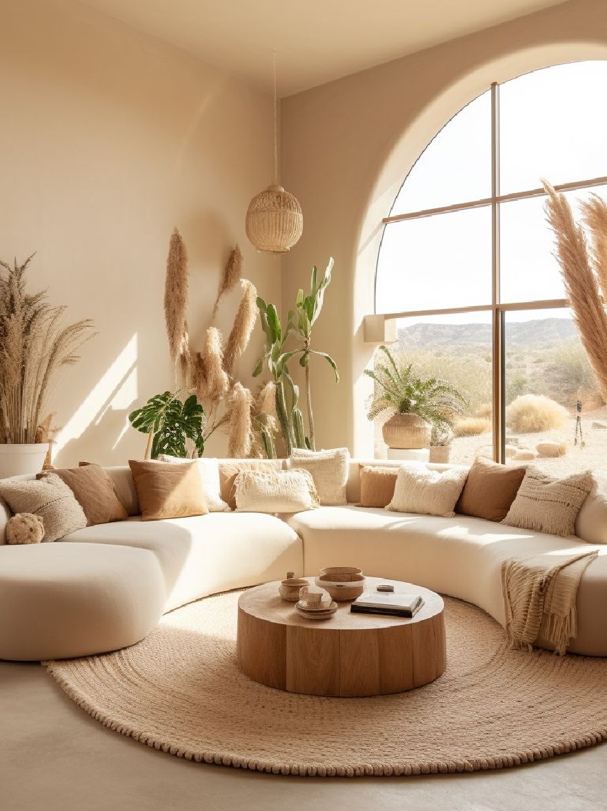 Русский промпт: Современная минималистская гостиная с большим арочным окном с видом на пустынный ландшафт. Комната украшена натуральными элементами, такими как трава пампаса, тканые корзины и натуральные растения. Стены окрашены в светло -бежевый цвет, а пол покрыт круглым ковриком. В центре комнаты, большой секционный диван кремового цвета с бежевыми подушками и деревянным журнальным столиком с книгой, чашками и блюдцами находится перед ним. Диван окружен горшечными растениями, добавляя в комнату прикосновение зелени. Общая атмосфера яркая и просторная, с теплой и привлекательной атмосферой. | Original prompt: A modern, minimalist living room with a large arched window overlooking a desert landscape. The room is decorated with natural elements such as pampas grass, woven baskets, and natural plants. The walls are painted in a light beige color, and the floor is covered with a round, woven rug. In the center of the room, a large, cream-colored sectional sofa with beige cushions and a wooden coffee table with a book, cups, and saucers is placed in front of it. The sofa is surrounded by potted plants, adding a touch of greenery to the room. The overall atmosphere is bright and airy, with a warm and inviting ambiance.