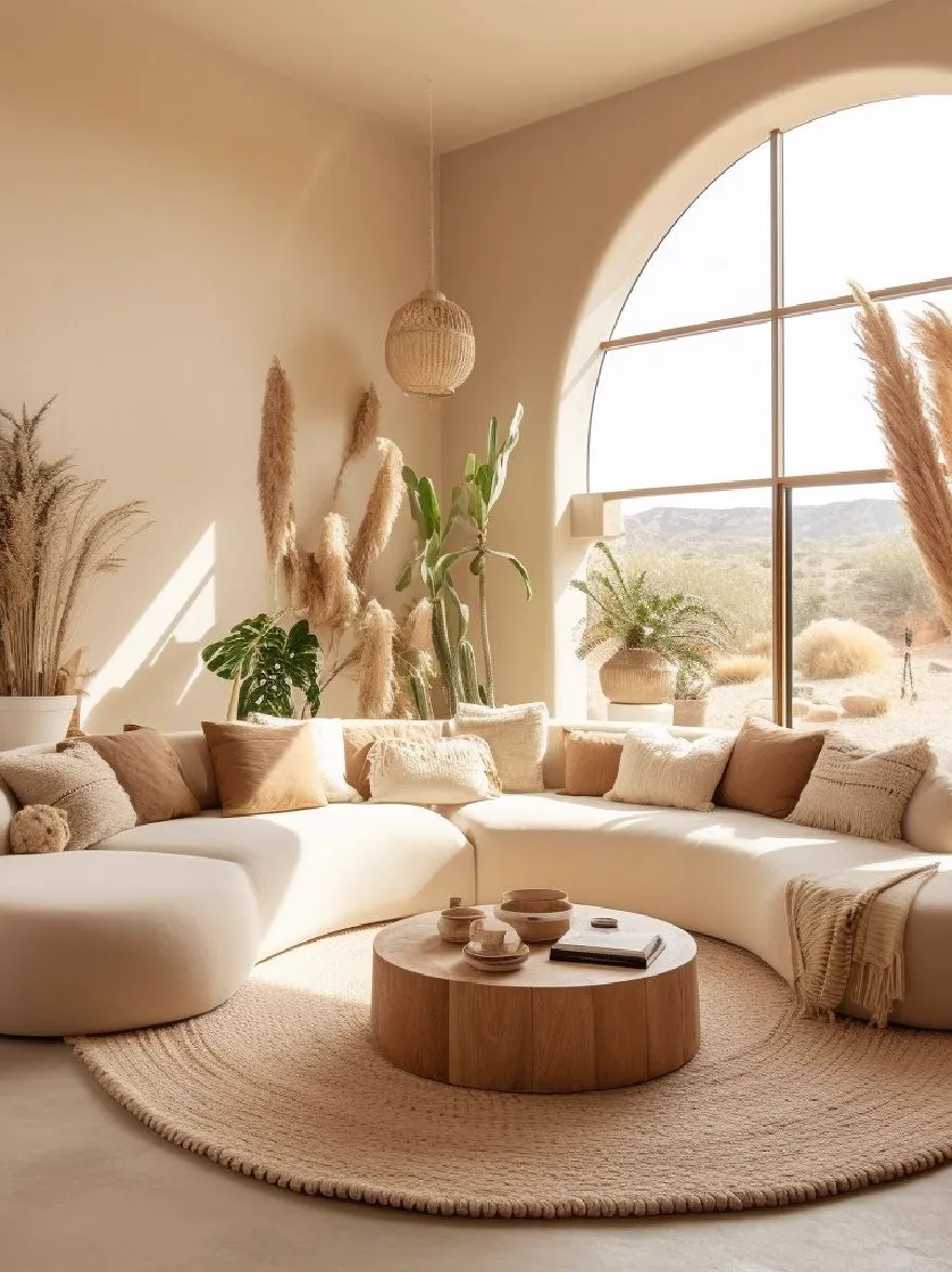 Русский промпт: Современная минималистская гостиная с большим арочным окном с видом на пустынный ландшафт. Комната украшена натуральными элементами, такими как трава пампаса, тканые корзины и натуральные растения. Стены окрашены в светло -бежевый цвет, а пол покрыт круглым ковриком. В центре комнаты, большой секционный диван кремового цвета с бежевыми подушками и деревянным журнальным столиком с книгой, чашками и блюдцами находится перед ним. Диван окружен горшечными растениями, добавляя в комнату прикосновение зелени. Общая атмосфера яркая и просторная, с теплой и привлекательной атмосферой. | Original prompt: A modern, minimalist living room with a large arched window overlooking a desert landscape. The room is decorated with natural elements such as pampas grass, woven baskets, and natural plants. The walls are painted in a light beige color, and the floor is covered with a round, woven rug. In the center of the room, a large, cream-colored sectional sofa with beige cushions and a wooden coffee table with a book, cups, and saucers is placed in front of it. The sofa is surrounded by potted plants, adding a touch of greenery to the room. The overall atmosphere is bright and airy, with a warm and inviting ambiance.