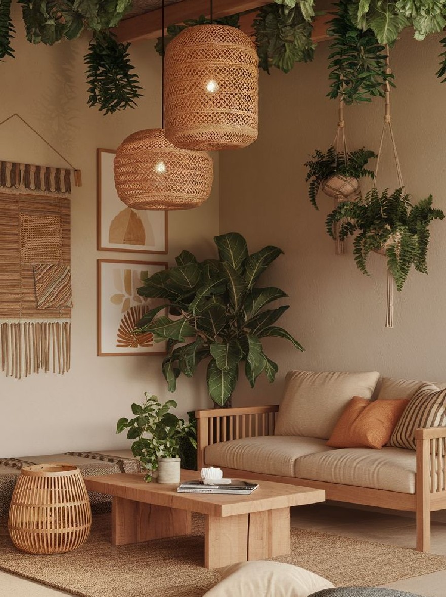 Русский промпт: Уютная гостиная с деревянным потолком, украшенным пышными зелеными растениями. Стены окрашены в нейтральный цвет, а пол покрыт тканым ковром. В центре комнаты есть деревянный журнальный столик с горшечным растением и книгой сверху. Слева от кофейного столика на потолке висят тканые корзины. В комнате есть теплая и привлекательная атмосфера. Растения расположены таким образом, что создает естественную и привлекательную атмосферу. Общая эстетика минималистичная и привлекательная. | Original prompt: A cozy living room with a wooden ceiling adorned with lush green plants. The walls are painted in a neutral color, and the floor is covered with a woven rug. On the center of the room, there is a wooden coffee table with a potted plant and a book on top. To the left of the coffee table, there are woven baskets hanging from the ceiling. The room has a warm and inviting atmosphere. The plants are arranged in a way that creates a natural and inviting ambiance. The overall aesthetic is minimalistic and inviting.
