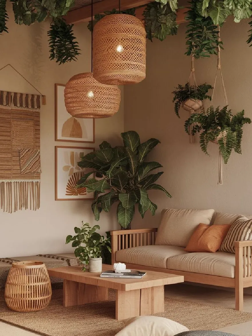Русский промпт: Уютная гостиная с деревянным потолком, украшенным пышными зелеными растениями. Стены окрашены в нейтральный цвет, а пол покрыт тканым ковром. В центре комнаты есть деревянный журнальный столик с горшечным растением и книгой сверху. Слева от кофейного столика на потолке висят тканые корзины. В комнате есть теплая и привлекательная атмосфера. Растения расположены таким образом, что создает естественную и привлекательную атмосферу. Общая эстетика минималистичная и привлекательная. | Original prompt: A cozy living room with a wooden ceiling adorned with lush green plants. The walls are painted in a neutral color, and the floor is covered with a woven rug. On the center of the room, there is a wooden coffee table with a potted plant and a book on top. To the left of the coffee table, there are woven baskets hanging from the ceiling. The room has a warm and inviting atmosphere. The plants are arranged in a way that creates a natural and inviting ambiance. The overall aesthetic is minimalistic and inviting.