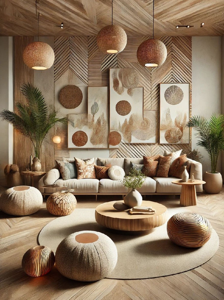 Русский промпт: Современная гостиная с деревенской, богемной эстетикой. В номере есть деревянный потолок с рисунком елочной кости, натуральным деревянным зерном и большим секционным диваном с бежевыми подушками. Стены украшены геометрическими узорами и абстрактными картинами, а комната украшена ткаными ротанными лампами, свисающими с потолка, создавая теплую и привлекательную атмосферу. В центре комнаты есть круглый деревянный журнальный столик с белой вазой с растением и несколькими декоративными предметами. Окружающие кофейные столики находятся в нескольких раундах, тканых османах с естественной отделкой, добавляя в уютную и привлекательную атмосферу. Пол покрыт бежевым ковриком, добавляя оттенки тепла и изысканности в комнату. Общая цветовая схема нейтральная, нейтральная и землистая, с акцентом на естественные элементы и текстуры. | Original prompt: A modern living room with a rustic, bohemian aesthetic. The room features a wooden ceiling with a herringbone pattern, natural wood grain, and a large sectional sofa with beige cushions. The walls are adorned with geometric patterns and abstract paintings, and the room is decorated with woven rattan lamps hanging from the ceiling, creating a warm and inviting atmosphere. On the center of the room, there is a round wooden coffee table with a white vase containing a plant and a few decorative items. Surrounding the coffee table are several round, woven ottomans with a natural finish, adding to the cozy and inviting ambiance. The floor is covered with a beige area rug, adding a touch of warmth and sophistication to the room. The overall color scheme is neutral, neutral, and earthy, with a focus on natural elements and textures.