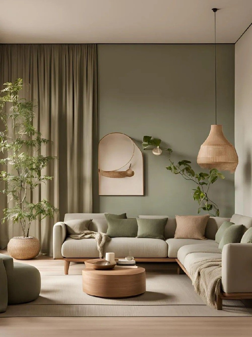 Русский промпт: Современная гостиная с минималистским дизайном с большим секционным диваном со светло -зелеными подушками и бежевым одеялом для броска, круглым деревянным журнальным столиком в центре и двумя горшечными растениями с обеих сторон. Стены окрашены в светло -зеленый цвет, а на стене есть абстрактная картина в рамке. Комната имеет минималистскую эстетику с чистыми линиями и нейтральной цветовой палитрой. Пол изготовлен из светлого дерева, а общая атмосфера яркая и воздушная. | Original prompt: A modern living room with a minimalist design, featuring a large sectional sofa with light green cushions and a beige throw blanket, a round wooden coffee table in the center, and two potted plants on either side. The walls are painted in a light green color, and there is a framed abstract painting on the wall. The room has a minimalist aesthetic with clean lines and a neutral color palette. The floor is made of light-colored wood, and the overall atmosphere is bright and airy.