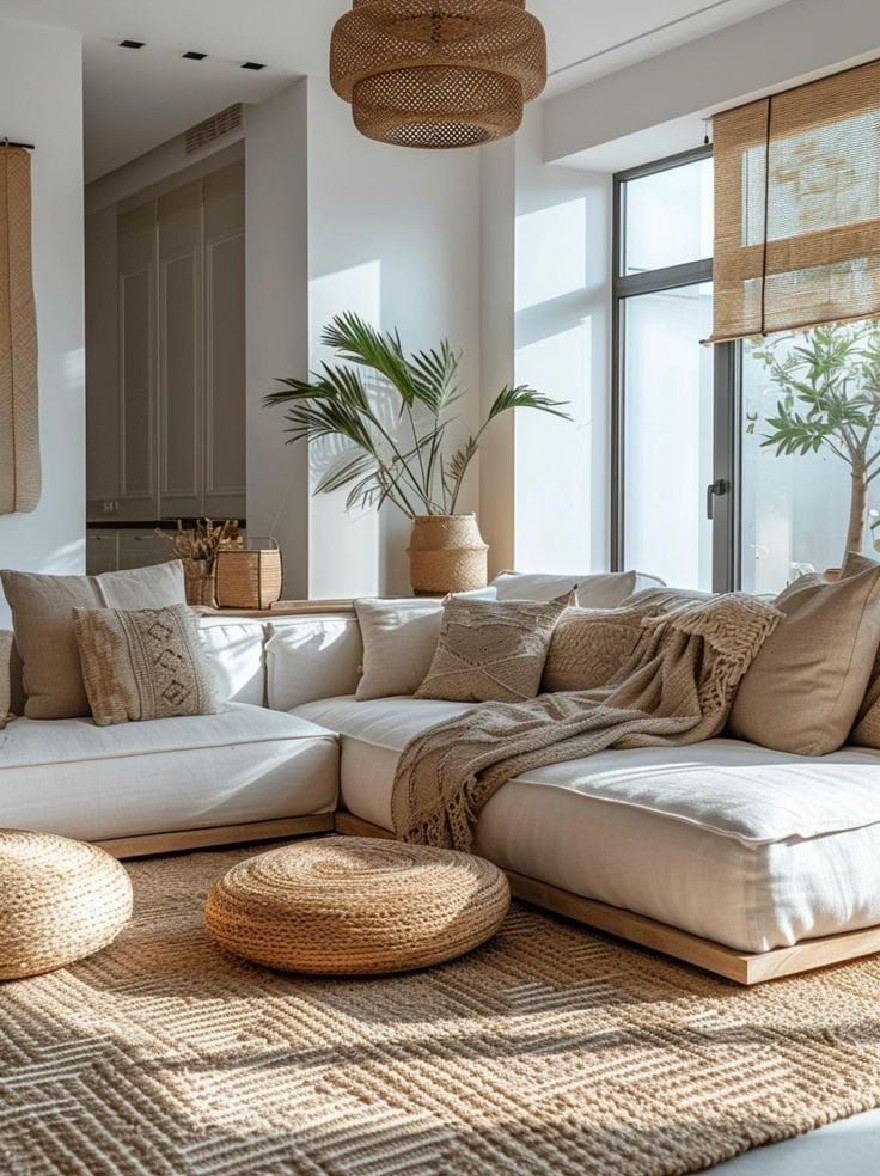 Русский промпт: Современная гостиная с минималистским дизайном с большим белым секционным диваном с бежевыми подушками и тканым одеялом, двумя круглыми ткаными корзинами с обеих сторон, большой тканый коврик на полу, натуральные оттенки ротана, свисающие с потолка и горшечный завод в углу. Комната яркая и воздушная с естественным светом, проходящим через большие окна, создавая уютную и привлекательную атмосферу. Стены окрашены в белый цвет, а пол изготовлен из светлого дерева. Общая эстетика минималистичная и привлекательная. | Original prompt: A modern living room with a minimalist design, featuring a large white sectional sofa with beige cushions and a woven blanket, two round woven baskets on either side, a large woven rug on the floor, natural rattan shades hanging from the ceiling, and a potted plant in the corner. The room is bright and airy with natural light coming through large windows, creating a cozy and inviting atmosphere. The walls are painted white, and the floor is made of light-colored wood. The overall aesthetic is minimalistic and inviting.