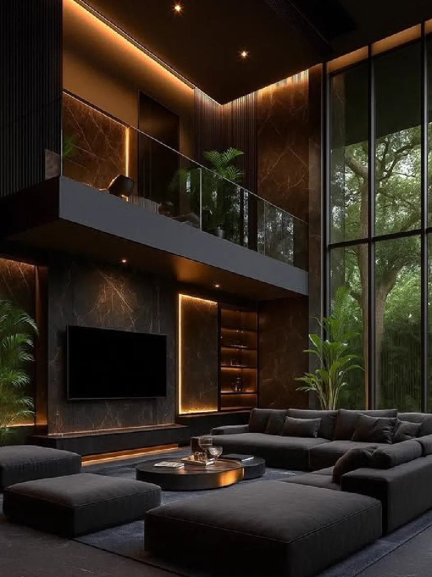 Русский промпт: Современная, роскошная гостиная с минималистским дизайном. Комната имеет высокий потолок с утопленным освещением, панелями темного дерева и большими окнами, которые предлагают вид на пышную зелень снаружи. Стены сделаны из темного дерева, а пол покрыт темно -серым ковром. В центре комнаты есть большой секционный диван с османами, круглый журнальный столик с подносом и стакан воды, а также телевизор с плоским экраном, установленным на стене. Мебель расположена таким образом, что создает уютную и привлекательную атмосферу. Общая цветовая схема темная и сложная, с акцентом на естественную красоту и изощренность. | Original prompt: A modern, luxurious living room with a minimalist design. The room has a high ceiling with recessed lighting, dark wood paneling, and large windows that offer a view of the lush greenery outside. The walls are made of dark wood, and the floor is covered with a dark grey carpet. On the center of the room, there is a large sectional sofa with ottomans, a round coffee table with a tray and a glass of water, and a flat-screen TV mounted on the wall. The furniture is arranged in a way that creates a cozy and inviting atmosphere. The overall color scheme is dark and sophisticated, with a focus on natural beauty and sophistication.