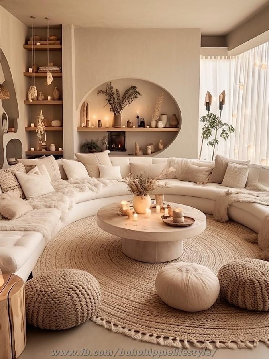 Русский промпт: Уютная гостиная с круговым секционным диваном, круглый журнальный столик в центре и большое окно с чистыми белыми шторами. Комната украшена натуральными материалами, такими как бежевые стены, деревянные полки с различными декоративными предметами и круглые зеркала на стенах. Диван обилен в ткани нейтрального цвета и имеет несколько подушек и подушек. На журнальном столике есть небольшая ваза с сушеными цветами и несколько свечей. Пол покрыт круглым, тканым ковриком, и вокруг комнаты разбросаны несколько круглых пуфов. Освещение мягкое и теплое, создавая уютную атмосферу. Общий дизайн является минималистичным и привлекательным, идеально подходит для расслабления и развлечения. | Original prompt: A cozy living room with a circular sectional sofa, a round coffee table in the center, and a large window with sheer white curtains. The room is decorated with natural materials such as beige walls, wooden shelves with various decorative items, and circular mirrors on the walls. The sofa is upholstered in neutral-colored fabric and has several pillows and cushions. On the coffee table, there is a small vase with dried flowers and a few candles. The floor is covered with a round, woven rug, and there are several round, knitted pouffes scattered around the room. The lighting is soft and warm, creating a cozy atmosphere. The overall design is minimalistic and inviting, perfect for relaxing and entertaining.
