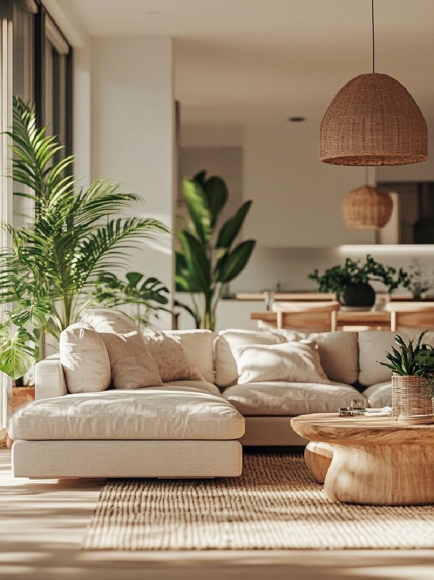 Русский промпт: Современная гостиная с минималистским дизайном с большим секционным диваном с подушками кремового цвета, деревянным журнальным столиком с тканой корзиной сверху и тканым подвесным подвесным светом, свисающим с потолка. В комнате есть большие окна, которые впускаются в естественном свете, что позволяет фильтровать много естественного света, создавая яркую и воздушную атмосферу. По всей комнате разбросано несколько горшечных растений, добавляя прикосновение зелени в пространство. Стены окрашены в нейтральный цвет, а пол изготовлен из светлого дерева. Общая эстетика яркая и привлекательная, идеально подходит для расслабляющих и развлекательных гостей. | Original prompt: A modern living room with a minimalist design, featuring a large sectional sofa with cream-colored cushions, a wooden coffee table with a woven basket on top, and a woven rattan pendant light hanging from the ceiling. The room has large windows that let in natural light, allowing plenty of natural light to filter in, creating a bright and airy atmosphere. There are several potted plants scattered throughout the room, adding a touch of greenery to the space. The walls are painted in a neutral color, and the floor is made of light-colored wood. The overall aesthetic is bright and inviting, perfect for relaxing and entertaining guests.