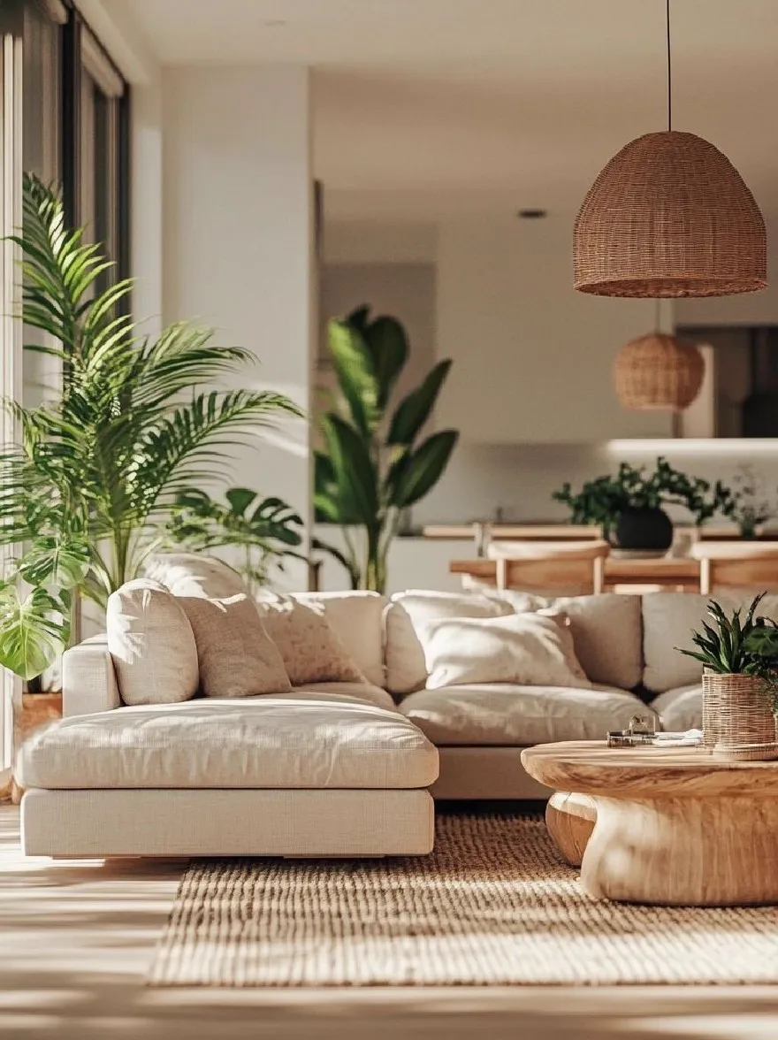 Русский промпт: Современная гостиная с минималистским дизайном с большим секционным диваном с подушками кремового цвета, деревянным журнальным столиком с тканой корзиной сверху и тканым подвесным подвесным светом, свисающим с потолка. В комнате есть большие окна, которые впускаются в естественном свете, что позволяет фильтровать много естественного света, создавая яркую и воздушную атмосферу. По всей комнате разбросано несколько горшечных растений, добавляя прикосновение зелени в пространство. Стены окрашены в нейтральный цвет, а пол изготовлен из светлого дерева. Общая эстетика яркая и привлекательная, идеально подходит для расслабляющих и развлекательных гостей. | Original prompt: A modern living room with a minimalist design, featuring a large sectional sofa with cream-colored cushions, a wooden coffee table with a woven basket on top, and a woven rattan pendant light hanging from the ceiling. The room has large windows that let in natural light, allowing plenty of natural light to filter in, creating a bright and airy atmosphere. There are several potted plants scattered throughout the room, adding a touch of greenery to the space. The walls are painted in a neutral color, and the floor is made of light-colored wood. The overall aesthetic is bright and inviting, perfect for relaxing and entertaining guests.