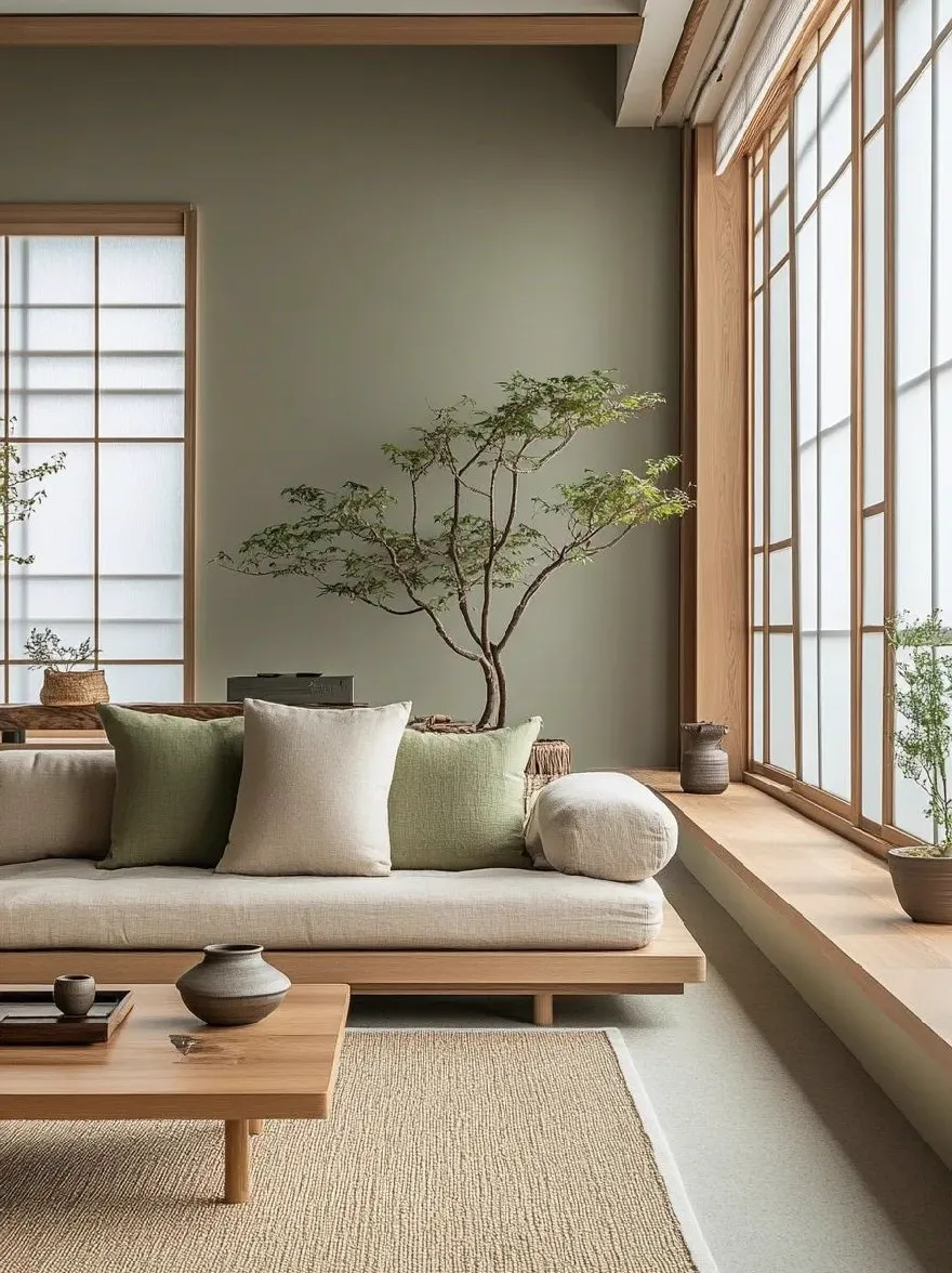 Русский промпт: Современная гостиная в японском стиле с минималистским дизайном. Стены окрашены в светло -зеленый цвет, а пол покрыт тканым джутовым ковриком. На левой стороне комнаты есть деревянный журнальный столик с двумя мисками и поднос. На кофейном столике есть два растения в горшках. В центре гостиной, большое голое дерево стоит у стены. В комнате есть раздвижные стеклянные двери, которые впускают естественный свет. Общая атмосфера мирная и привлекательная. | Original prompt: A modern Japanese-style living room with a minimalist design. The walls are painted in a light green color, and the floor is covered with a woven jute rug. On the left side of the room, there is a wooden coffee table with two bowls and a tray. On top of the coffee table, there are two potted plants. In the center of the living room, a large, bare tree stands against the wall. The room has sliding glass doors that let in natural light. The overall atmosphere is peaceful and inviting.