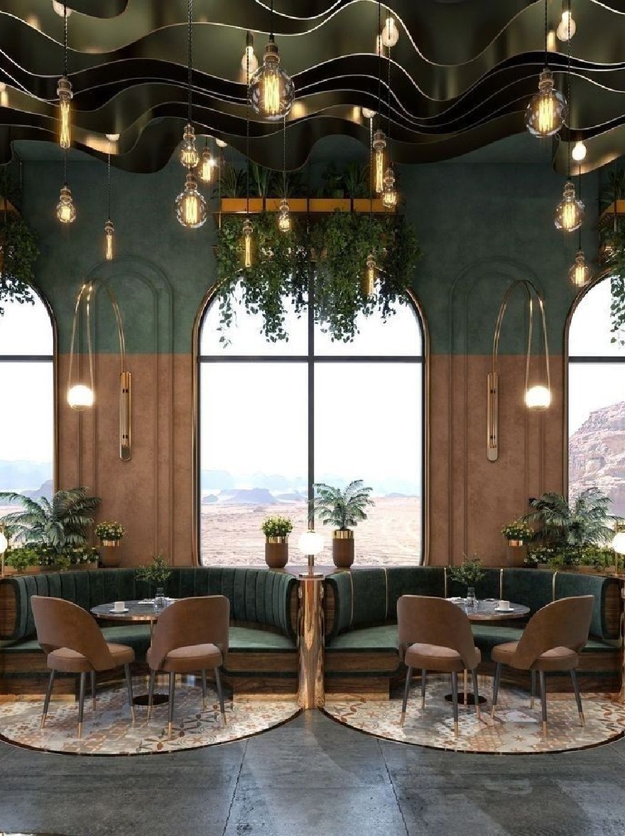 Русский промпт: Рендеринг современного интерьера кафе с деревенским, промышленным ощущением. Стены окрашены в темно -зеленый цвет, а потолок украшен подвесными лампочками и зеленью. В центре есть круглый деревянный стол, окруженный зеленым бархатным диваном и несколькими коричневыми кожаными стульями. По обе стороны от стола есть горшечные растения, добавляя прикосновение зелени в пространство. Большие окна предлагают потрясающий вид на пустынный ландшафт на улице, с холмистой местностью и далекой горной цепей на расстоянии. Общая атмосфера уютная и привлекательная, идеально подходит для расслабляющих и развлекательных гостей. | Original prompt: A rendering of a modern cafe interior with a rustic, industrial feel. The walls are painted in a dark green color, and the ceiling is adorned with hanging light bulbs and greenery. The room has a circular wooden table in the center, surrounded by a green velvet sofa and several brown leather chairs. On either side of the table, there are potted plants, adding a touch of greenery to the space. The large windows offer a stunning view of the desert landscape outside, with rolling hills and a distant mountain range in the distance. The overall atmosphere is cozy and inviting, perfect for relaxing and entertaining guests.