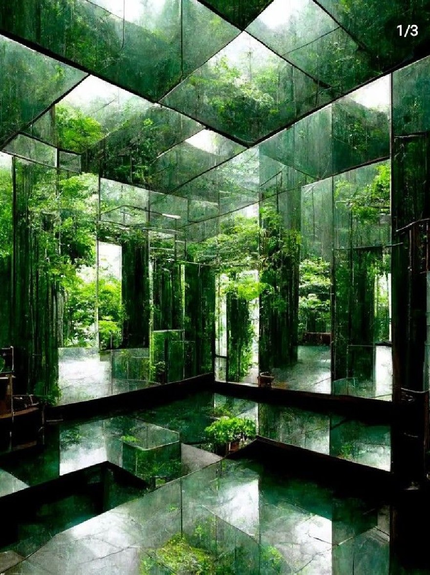 Русский промпт: Сюрреалистическое, эфирное леса с густым навесом зеленых деревьев и растений, отраженных в полупрозрачных стеклянных стенах. Комната заполнена естественной световой фильтрацией через стекло, создавая безмятежную атмосферу. Пол изготовлен из каменной плитки, а стены изготовлены из стекла, отражая окружающую листву и создавая зеркальный эффект. Общий эффект - это спокойствие и безмятежность, вызывая чувство удивления и страны чудес. На фото есть мечтательное, сюрреалистическое чувство, с акцентом на естественную красоту леса. | Original prompt: A surreal, ethereal forest setting with a dense canopy of green trees and plants reflected in translucent glass walls. The room is filled with natural light filtering through the glass, creating a serene atmosphere. The floor is made of stone tiles, and the walls are made of glass, reflecting the surrounding foliage and creating a mirror-like effect. The overall effect is one of tranquility and serenity, evoking a sense of wonder and wonderland. The photo has a dreamy, surreal feel to it, with a focus on the natural beauty of the forest.