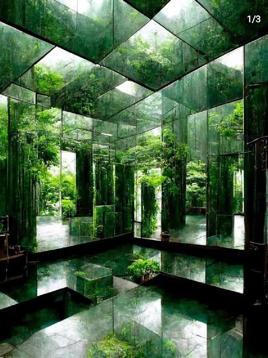 Русский промпт: Сюрреалистическое, эфирное леса с густым навесом зеленых деревьев и растений, отраженных в полупрозрачных стеклянных стенах. Комната заполнена естественной световой фильтрацией через стекло, создавая безмятежную атмосферу. Пол изготовлен из каменной плитки, а стены изготовлены из стекла, отражая окружающую листву и создавая зеркальный эффект. Общий эффект - это спокойствие и безмятежность, вызывая чувство удивления и страны чудес. На фото есть мечтательное, сюрреалистическое чувство, с акцентом на естественную красоту леса. | Original prompt: A surreal, ethereal forest setting with a dense canopy of green trees and plants reflected in translucent glass walls. The room is filled with natural light filtering through the glass, creating a serene atmosphere. The floor is made of stone tiles, and the walls are made of glass, reflecting the surrounding foliage and creating a mirror-like effect. The overall effect is one of tranquility and serenity, evoking a sense of wonder and wonderland. The photo has a dreamy, surreal feel to it, with a focus on the natural beauty of the forest.