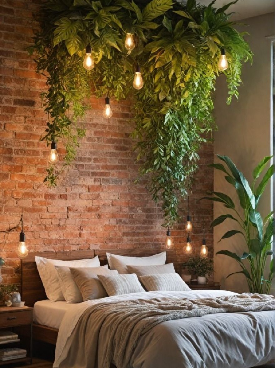 Русский промпт: Деревенская спальня с кирпичной стеной и большая кровать с деревянной изголовкой, окруженная пышными зелеными растениями и подвесными лампочками. Кровать покрыта белым утешителем и подушками, а на нем набито бежевое одеяло. По обе стороны от кровати есть деревянные тумбочки с лампой и небольшим растением. Комната имеет уютную и привлекательную атмосферу, с естественным светом, транслирующимся из окна с правой стороны. Стены изготовлены из красного кирпича, а пол изготовлен из светлого дерева. Растения расположены в вертикальном садовом рисунке, добавляя в комнату прикосновение зелени. Общая эстетика современная и минималистичная, с теплым и привлекательным чувством. | Original prompt: A rustic bedroom with a brick wall and a large bed with a wooden headboard, surrounded by lush green plants and hanging light bulbs. The bed is covered with a white comforter and pillows, and a beige blanket is draped over it. On either side of the bed, there are wooden nightstands with a lamp and a small plant. The room has a cozy and inviting atmosphere, with natural light streaming in from a window on the right side. The walls are made of red bricks, and the floor is made of light-colored wood. The plants are arranged in a vertical garden-like pattern, adding a touch of greenery to the room. The overall aesthetic is modern and minimalistic, with a warm and inviting feel.