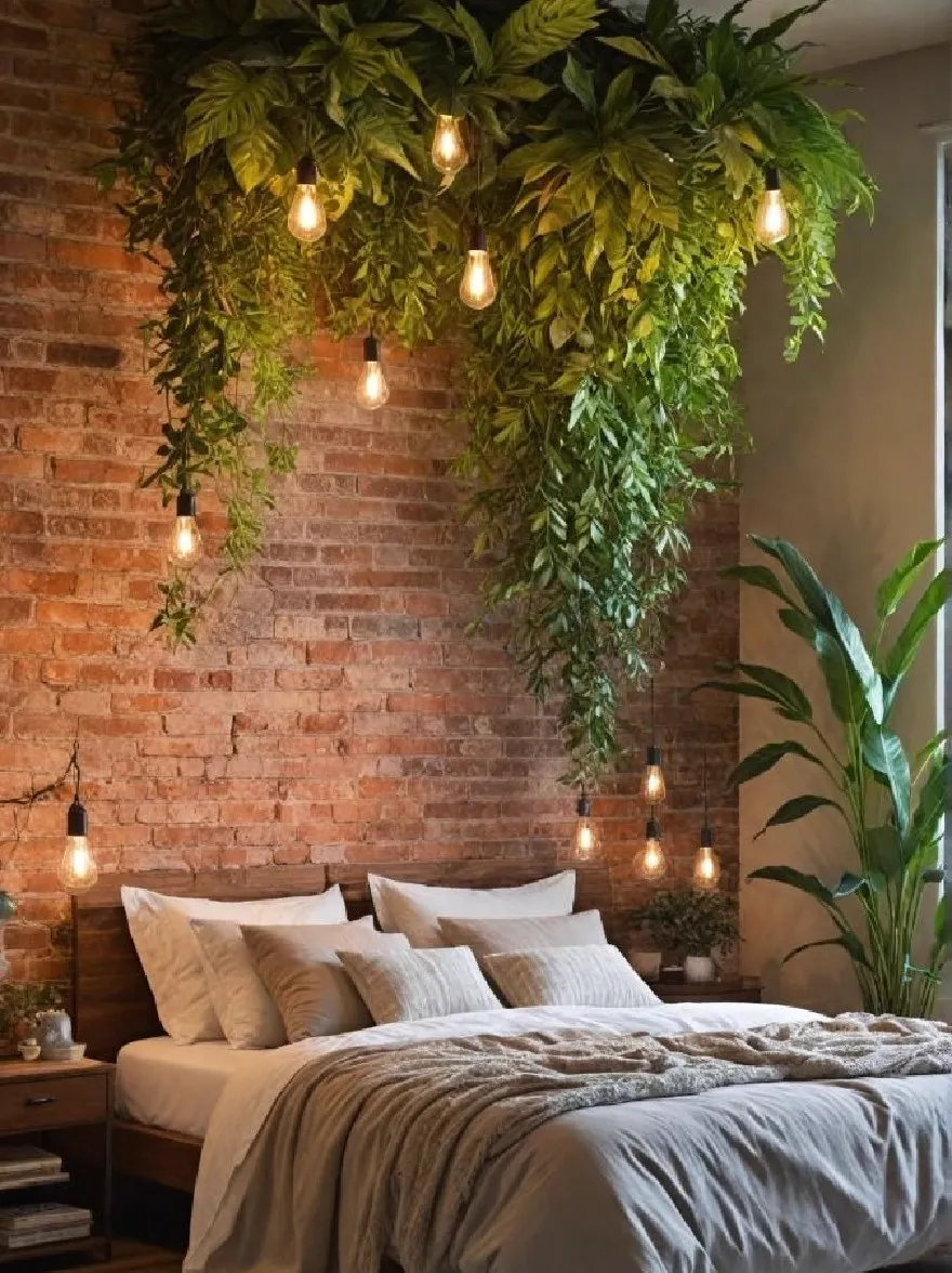 Русский промпт: Деревенская спальня с кирпичной стеной и большая кровать с деревянной изголовкой, окруженная пышными зелеными растениями и подвесными лампочками. Кровать покрыта белым утешителем и подушками, а на нем набито бежевое одеяло. По обе стороны от кровати есть деревянные тумбочки с лампой и небольшим растением. Комната имеет уютную и привлекательную атмосферу, с естественным светом, транслирующимся из окна с правой стороны. Стены изготовлены из красного кирпича, а пол изготовлен из светлого дерева. Растения расположены в вертикальном садовом рисунке, добавляя в комнату прикосновение зелени. Общая эстетика современная и минималистичная, с теплым и привлекательным чувством. | Original prompt: A rustic bedroom with a brick wall and a large bed with a wooden headboard, surrounded by lush green plants and hanging light bulbs. The bed is covered with a white comforter and pillows, and a beige blanket is draped over it. On either side of the bed, there are wooden nightstands with a lamp and a small plant. The room has a cozy and inviting atmosphere, with natural light streaming in from a window on the right side. The walls are made of red bricks, and the floor is made of light-colored wood. The plants are arranged in a vertical garden-like pattern, adding a touch of greenery to the room. The overall aesthetic is modern and minimalistic, with a warm and inviting feel.