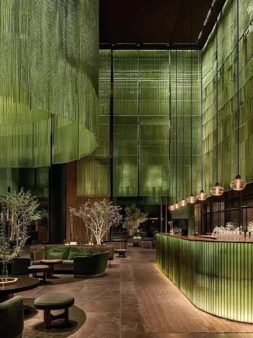 Русский промпт: На изображении показано роскошное вестибюль отеля с современным и изысканным дизайном. В вестибюле есть длинная изогнутая бар с деревянной столешницей, окруженной пышными зелеными экранами бамбука, которые создают успокаивающую атмосферу. Стены изготовлены из высоких, тканых бамбуковых панелей, а потолок украшен подвесными огнями, создавая теплую и привлекательную атмосферу. Комната оснащена удобными зелеными бархатными диванами, круглыми деревянными столами и небольшими горшками, добавляя прикосновение природы в пространство. Пол покрыт роскошным ковром, и несколько человек сидят в баре, наслаждаясь напитком. Общая эстетика утончена и привлекательна, идеально подходит для расслабляющих и развлекательных гостей. | Original prompt: The image shows a luxurious hotel lobby with a modern and sophisticated design. The lobby features a long, curved bar with a wooden countertop, surrounded by lush green bamboo screens that create a calming atmosphere. The walls are made of tall, woven bamboo panels, and the ceiling is adorned with hanging lights, creating a warm and inviting ambiance. The room is furnished with comfortable green velvet sofas, round wooden tables, and small potted plants, adding a touch of nature to the space. The floor is covered with a luxurious carpet, and a few people are seated at the bar, enjoying a drink. The overall aesthetic is sophisticated and inviting, perfect for relaxing and entertaining guests.