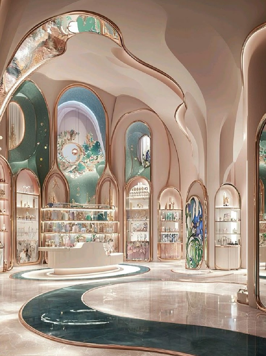 Русский промпт: Рендеринг роскошного, роскошного магазина с изогнутым изогнутым мраморным полом и большой украшенной аркой. Стены украшены замысловатыми цветочными узорами в оттенках розового, зеленого и золотого, а полки заполнены различными типами духов и косметики. Освещение мягкое и теплое, создавая роскошную атмосферу. В магазине есть современный, сложный дизайн с акцентом на роскошь и богатство. Общая эстетика элегантная и сложная. | Original prompt: A rendering of a luxurious, opulent store with a curved, curved marble floor and a large, ornate archway. The walls are decorated with intricate floral designs in shades of pink, green, and gold, and the shelves are filled with various types of perfumes and cosmetics. The lighting is soft and warm, creating a luxurious atmosphere. The store has a modern, sophisticated design with a focus on luxury and opulence. The overall aesthetic is elegant and sophisticated.