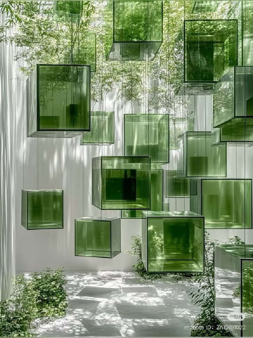 Русский промпт: Фото современного минималистского интерьера с минималистским дизайном. Комната заполнена зелеными стеклянными кубиками, расположенными в сетке, подвешенной из потолка тонкими, вертикальными линиями. Кубики заполнены пышной зеленой листвой, создавая естественную и экологичную атмосферу. Стены окрашены в белый цвет, а пол изготовлен из бетона. Освещение мягкое и естественное, подчеркивая текстуру стекла. Общий эффект - это гармония и спокойствие. Изображение высококачественное и имеет водяной знак в правом нижнем углу. | Original prompt: Photo of a modern, minimalist interior with a minimalist design. The room is filled with green glass cubes arranged in a grid pattern, suspended from the ceiling by thin, vertical lines. The cubes are filled with lush, green foliage, creating a natural and eco-friendly atmosphere. The walls are painted white, and the floor is made of concrete. The lighting is soft and natural, highlighting the texture of the glass. The overall effect is one of harmony and tranquility. The image is high quality and has a watermark in the bottom right corner.