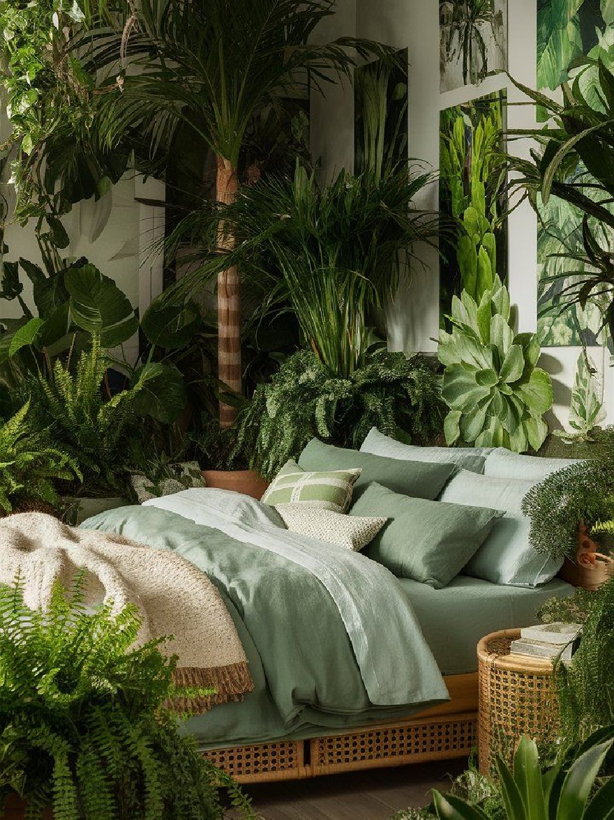 Русский промпт: Пышная тропическая спальня с тканой рамкой ротанга, украшенная светло -зеленым одеялом и подушками, окруженная различными растениями и зелени. В комнате есть минималистская эстетика с акцентом на естественную красоту и изобилие. Стены украшены вертикальными полосами различных оттенков зеленого, а пол изготовлен из светлого дерева. По обе стороны от кровати есть несколько горшечных растений, в том числе папоротники и суккуленты, добавляя в комнату прикосновение зелени. Общая атмосфера яркая и просторная, с чувством расслабления и спокойствия. Освещение мягкое и естественное, создавая успокаивающую атмосферу. | Original prompt: A lush, tropical bedroom with a woven rattan bed frame, adorned with a light green comforter and pillows, surrounded by various plants and greenery. The room has a minimalist aesthetic with a focus on natural beauty and abundance. The walls are decorated with vertical stripes of varying shades of green, and the floor is made of light-colored wood. On either side of the bed, there are several potted plants, including ferns and succulents, adding a touch of greenery to the room. The overall atmosphere is bright and airy, with a sense of relaxation and tranquility. The lighting is soft and natural, creating a calming ambiance.