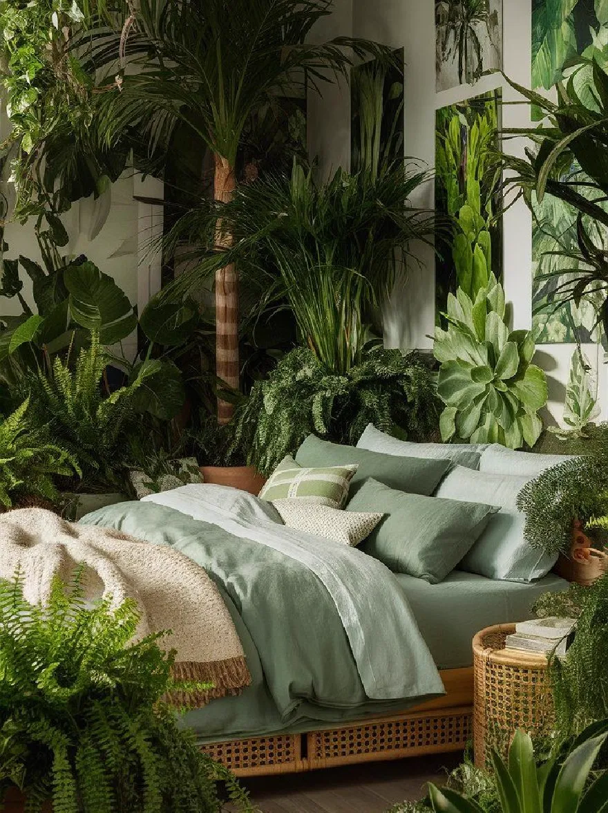 Русский промпт: Пышная тропическая спальня с тканой рамкой ротанга, украшенная светло -зеленым одеялом и подушками, окруженная различными растениями и зелени. В комнате есть минималистская эстетика с акцентом на естественную красоту и изобилие. Стены украшены вертикальными полосами различных оттенков зеленого, а пол изготовлен из светлого дерева. По обе стороны от кровати есть несколько горшечных растений, в том числе папоротники и суккуленты, добавляя в комнату прикосновение зелени. Общая атмосфера яркая и просторная, с чувством расслабления и спокойствия. Освещение мягкое и естественное, создавая успокаивающую атмосферу. | Original prompt: A lush, tropical bedroom with a woven rattan bed frame, adorned with a light green comforter and pillows, surrounded by various plants and greenery. The room has a minimalist aesthetic with a focus on natural beauty and abundance. The walls are decorated with vertical stripes of varying shades of green, and the floor is made of light-colored wood. On either side of the bed, there are several potted plants, including ferns and succulents, adding a touch of greenery to the room. The overall atmosphere is bright and airy, with a sense of relaxation and tranquility. The lighting is soft and natural, creating a calming ambiance.