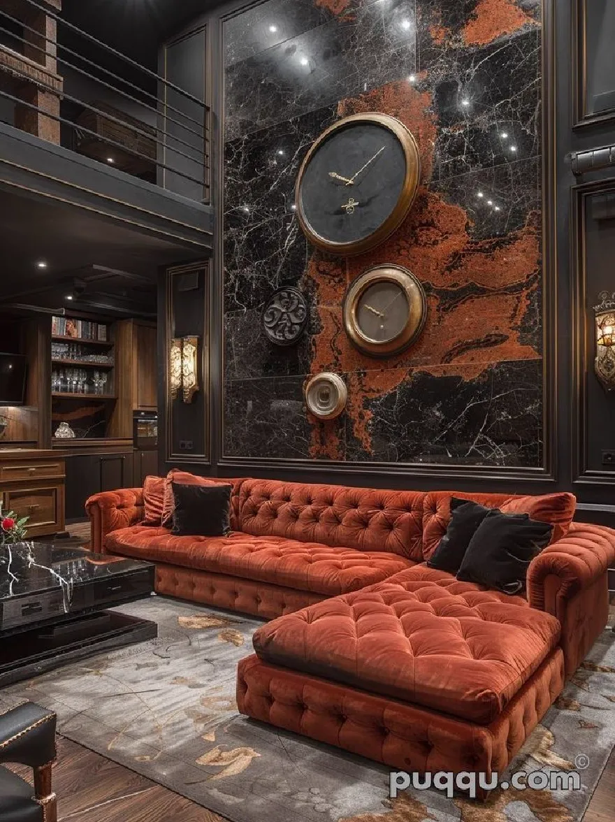 Русский промпт: Роскошная гостиная с большим роскошным красным кут -диваном, черным мраморным журнальным столиком и деревенским ковром. Стены украшены темным, глянцевым черным и оранжевым мрамором, с золотыми акцентами и большими богато украшенными часами. Комната освещена утопленным освещением, создавая теплую и изысканную атмосферу. У дивана есть шезлонг, а журнальный столик имеет гладкий, современный дизайн. Общий стиль изысканный и элегантный, идеально подходит для любой гостиной. | Original prompt: A luxurious living room with a large, luxurious red tufted sectional sofa, a black marble coffee table, and a rustic rug. The walls are adorned with dark, glossy black and orange marble, with gold accents and large, ornate clocks. The room is illuminated by recessed lighting, creating a warm and sophisticated atmosphere. The sofa has a chaise lounger, and the coffee table has a sleek, modern design. The overall style is sophisticated and elegant, perfect for any living room.